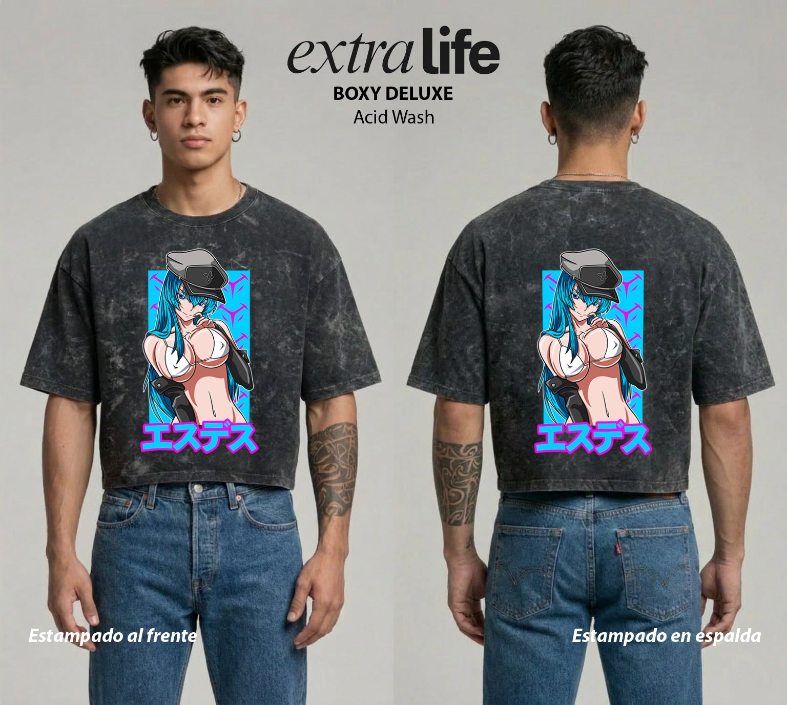 Playera streetwear premium de anime y gaming ExtraLife MX, corte boxy deluxe mineral wash heavyweight en color Acid Wash, moda urbana mexicana de culto.