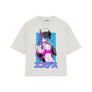 Playera streetwear premium de anime y gaming ExtraLife MX, corte boxy oversized drop shoulder heavyweight en color Deep Black y Off-White, moda urbana mexicana de culto.