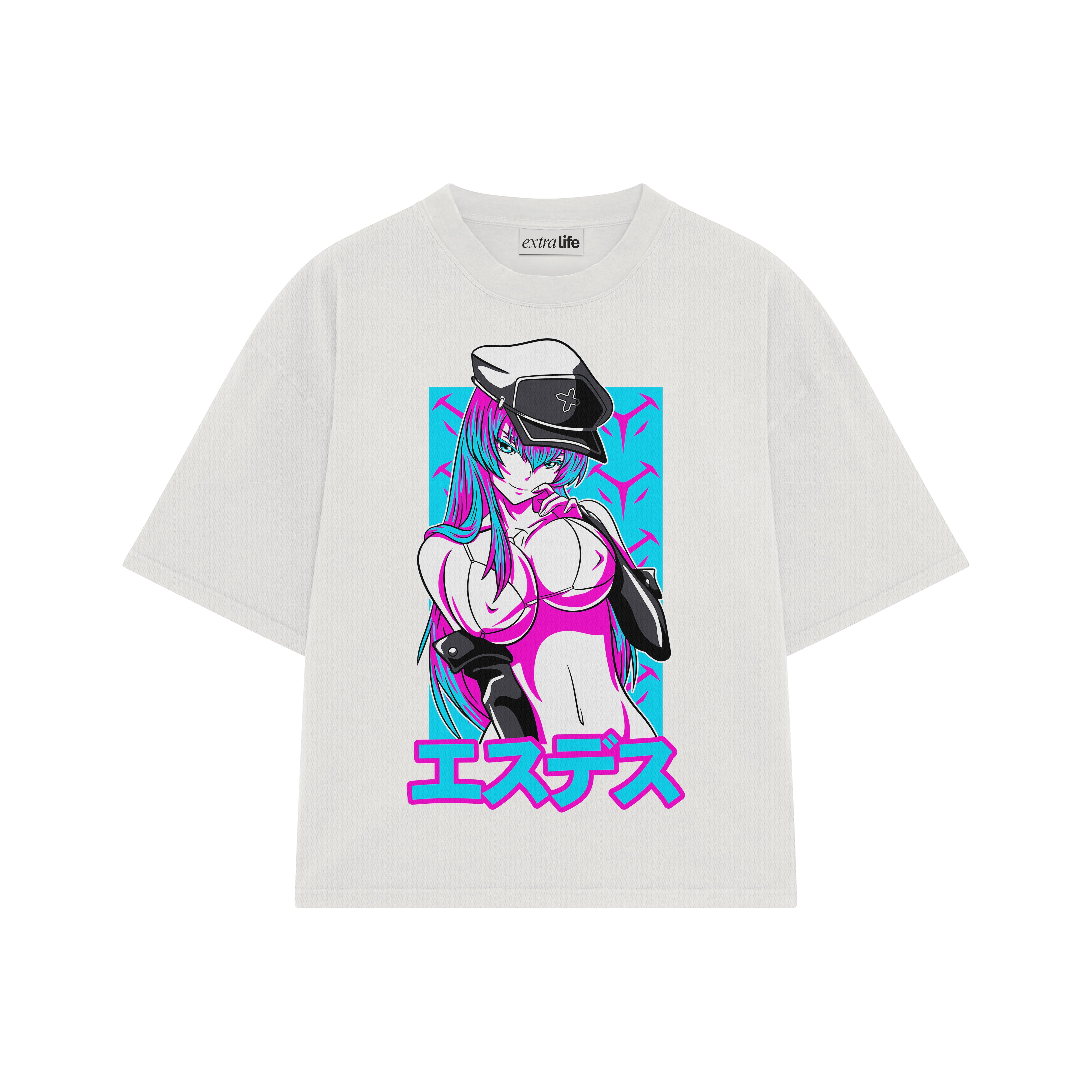 Playera streetwear premium de anime y gaming ExtraLife MX, corte boxy oversized drop shoulder heavyweight en color Deep Black y Off-White, moda urbana mexicana de culto.