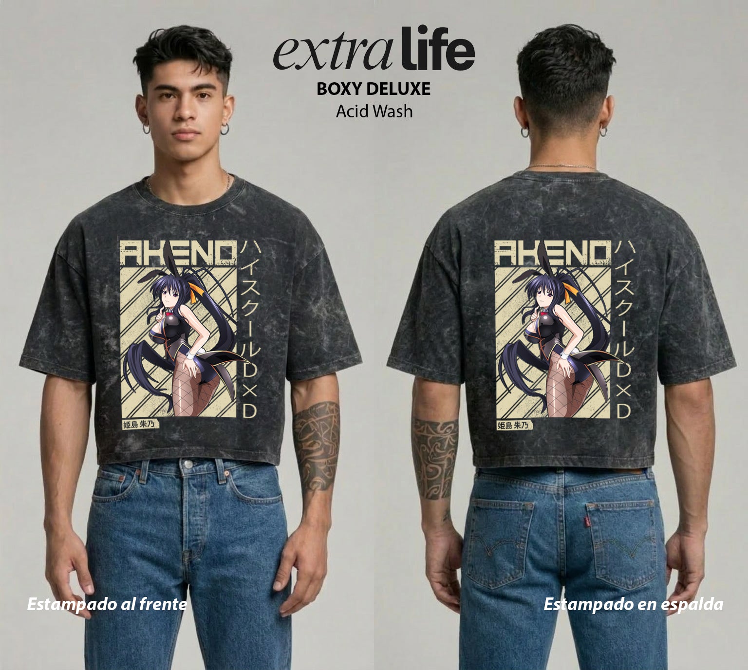 Playera streetwear premium de anime y gaming ExtraLife MX, corte boxy deluxe mineral wash heavyweight en color Acid Wash, moda urbana mexicana de culto.