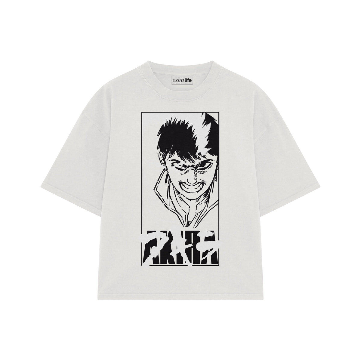 Playera streetwear premium de anime y gaming ExtraLife MX, corte oversized drop shoulder ligero y fresco en color Deep Black y Off-White, moda urbana mexicana de culto.