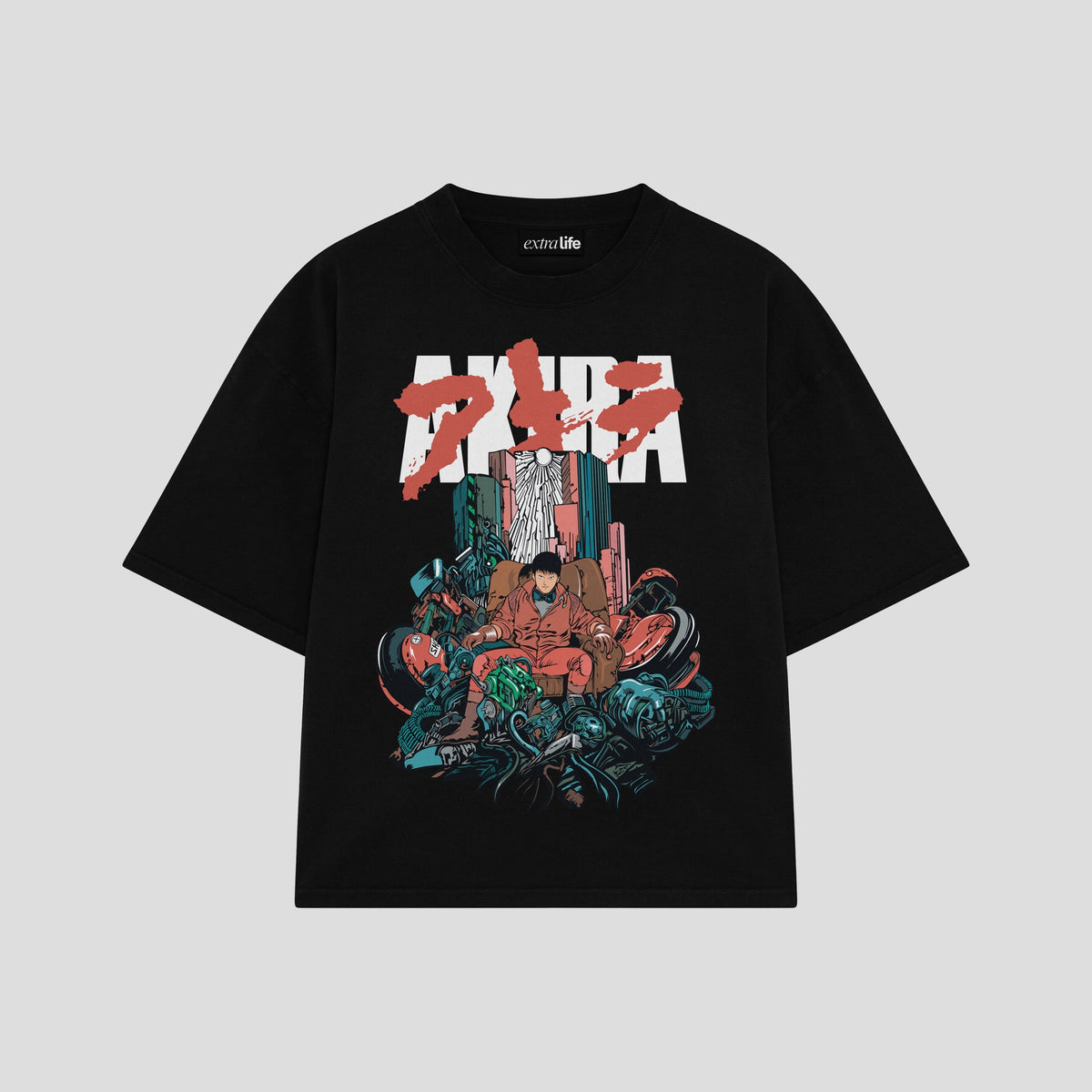 Playera streetwear premium de anime y gaming ExtraLife MX, corte oversized drop shoulder ligero y fresco en color Deep Black y Off-White, moda urbana mexicana de culto.
