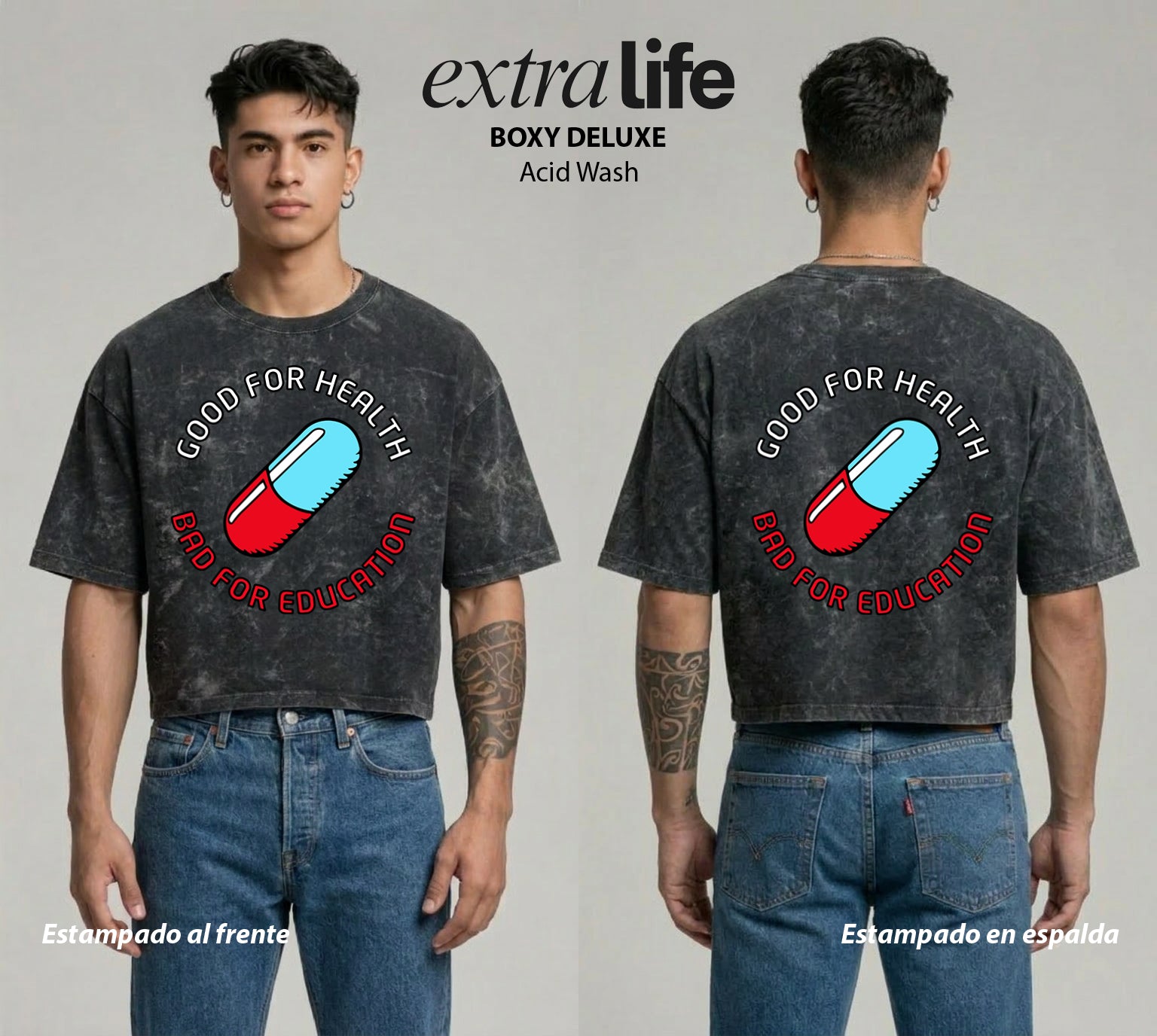 Playera streetwear premium de anime y gaming ExtraLife MX, corte boxy deluxe mineral wash heavyweight en color Acid Wash, moda urbana mexicana de culto.