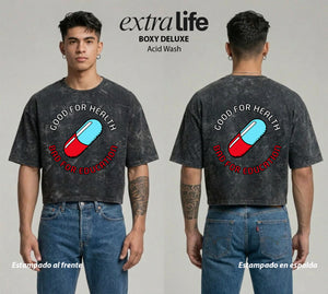 Playera streetwear premium de anime y gaming ExtraLife MX, corte boxy deluxe mineral wash heavyweight en color Acid Wash, moda urbana mexicana de culto.