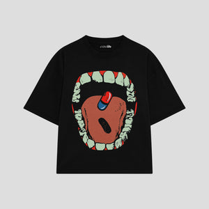 Playera streetwear premium de anime y gaming ExtraLife MX, corte boxy oversized drop shoulder heavyweight en color Deep Black y Off-White, moda urbana mexicana de culto.