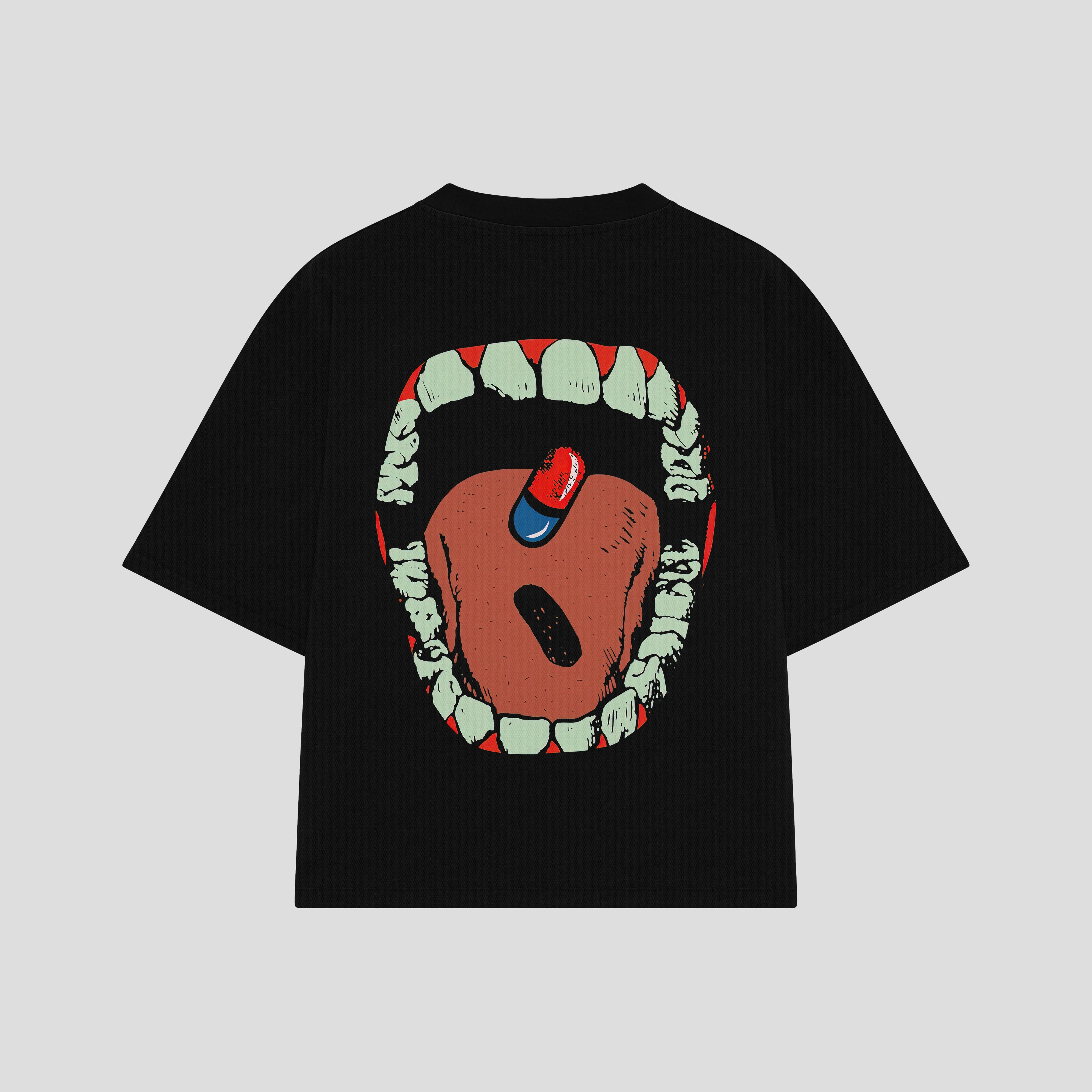 Playera streetwear premium de anime y gaming ExtraLife MX, corte boxy oversized drop shoulder heavyweight en color Deep Black y Off-White, moda urbana mexicana de culto.