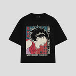 Playera streetwear premium de anime y gaming ExtraLife MX, corte boxy oversized drop shoulder heavyweight en color Deep Black y Off-White, moda urbana mexicana de culto.