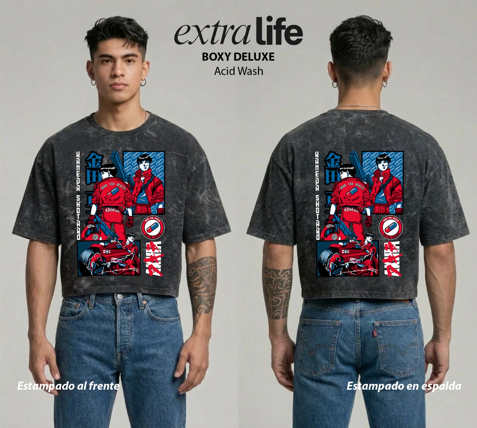 Playera streetwear premium de anime y gaming ExtraLife MX, corte boxy deluxe mineral wash heavyweight en color Acid Wash, moda urbana mexicana de culto.