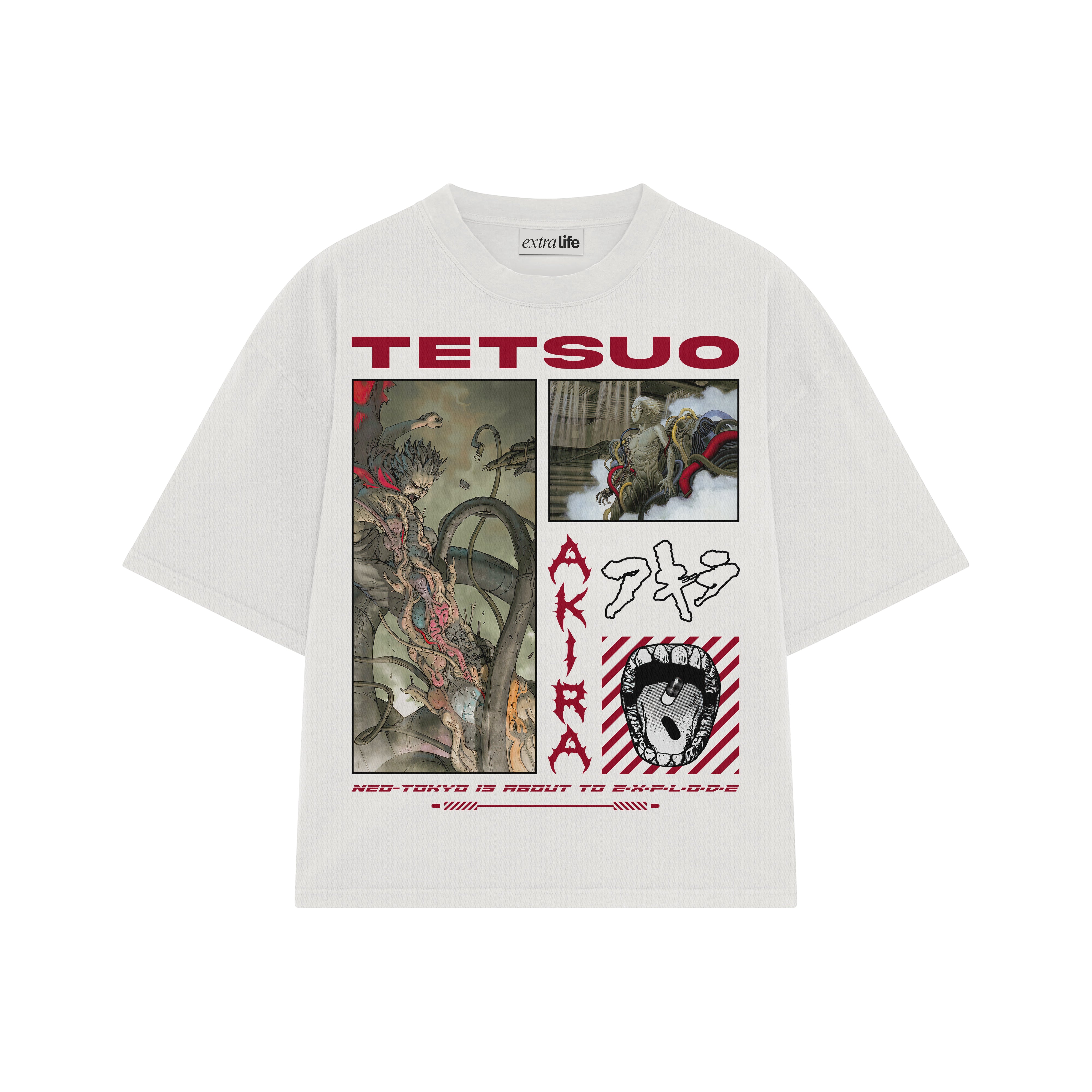 Playera streetwear premium de anime y gaming ExtraLife MX, corte boxy oversized drop shoulder heavyweight en color Deep Black y Off-White, moda urbana mexicana de culto.