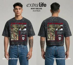 Playera streetwear premium de anime y gaming ExtraLife MX, corte boxy deluxe mineral wash heavyweight en color Acid Wash, moda urbana mexicana de culto.