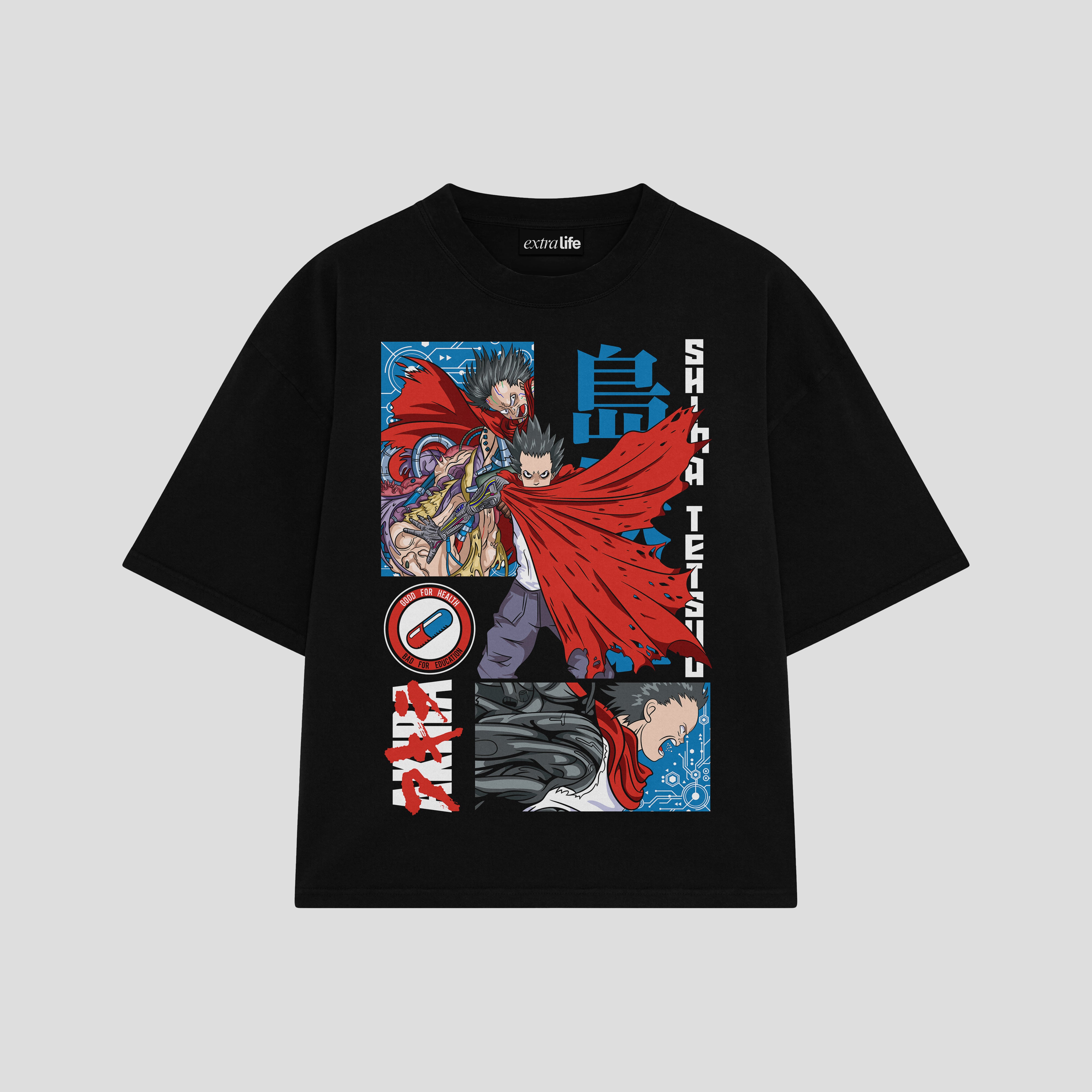 Playera streetwear premium de anime y gaming ExtraLife MX, corte boxy oversized drop shoulder heavyweight en color Deep Black y Off-White, moda urbana mexicana de culto.