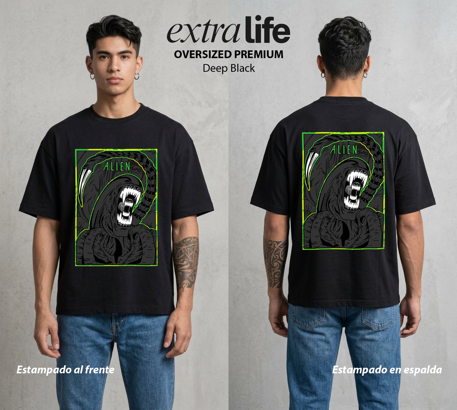 Varios Mundos | El Visitante del Cosmos #00037 - Playera Oversized Premium | Deep Black - Foto en modelo