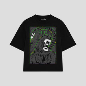 Playera streetwear premium de anime y gaming ExtraLife MX, corte boxy oversized drop shoulder heavyweight en color Deep Black y Off-White, moda urbana mexicana de culto.