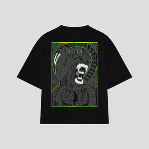 Playera streetwear premium de anime y gaming ExtraLife MX, corte boxy oversized drop shoulder heavyweight en color Deep Black y Off-White, moda urbana mexicana de culto.