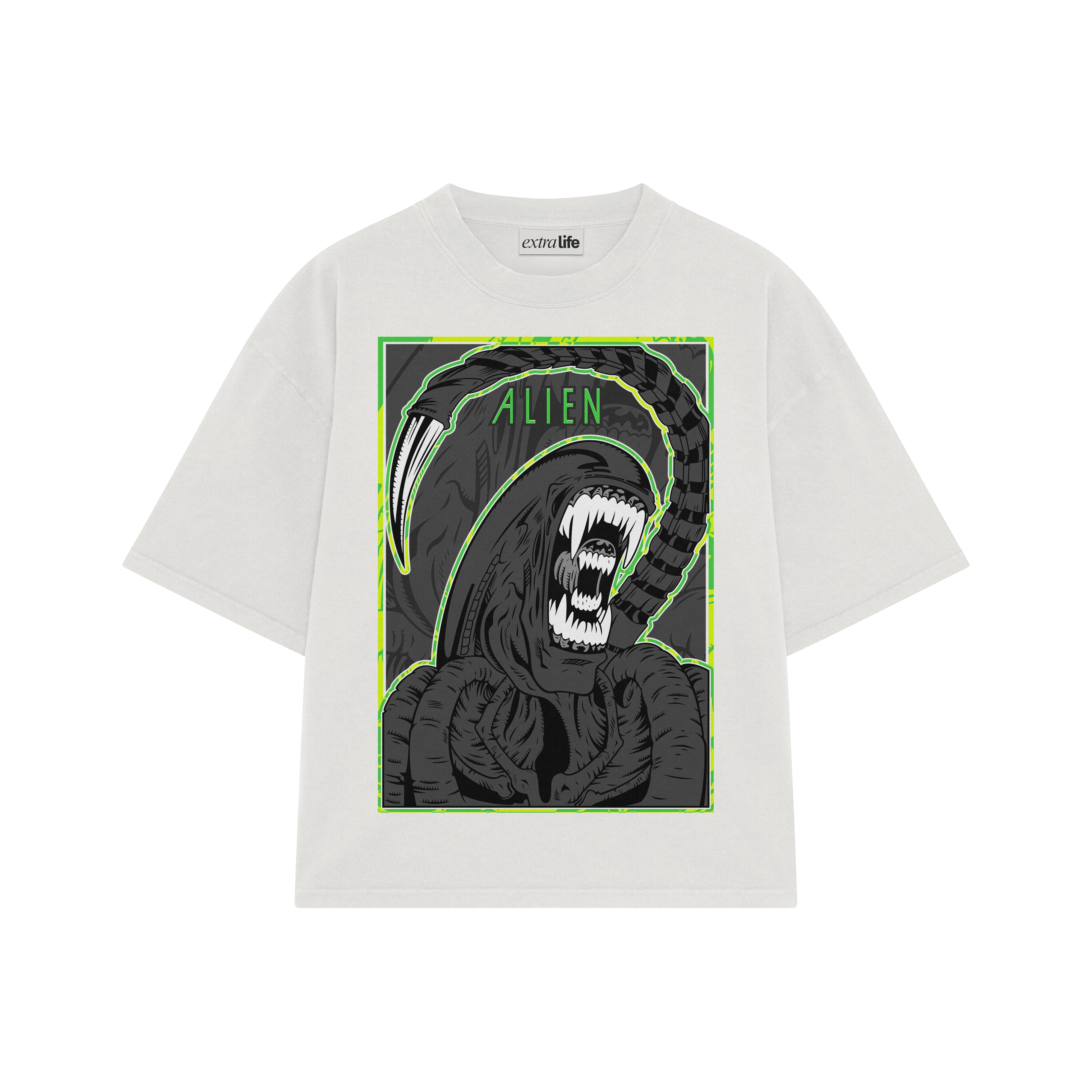 Playera streetwear premium de anime y gaming ExtraLife MX, corte boxy oversized drop shoulder heavyweight en color Deep Black y Off-White, moda urbana mexicana de culto.