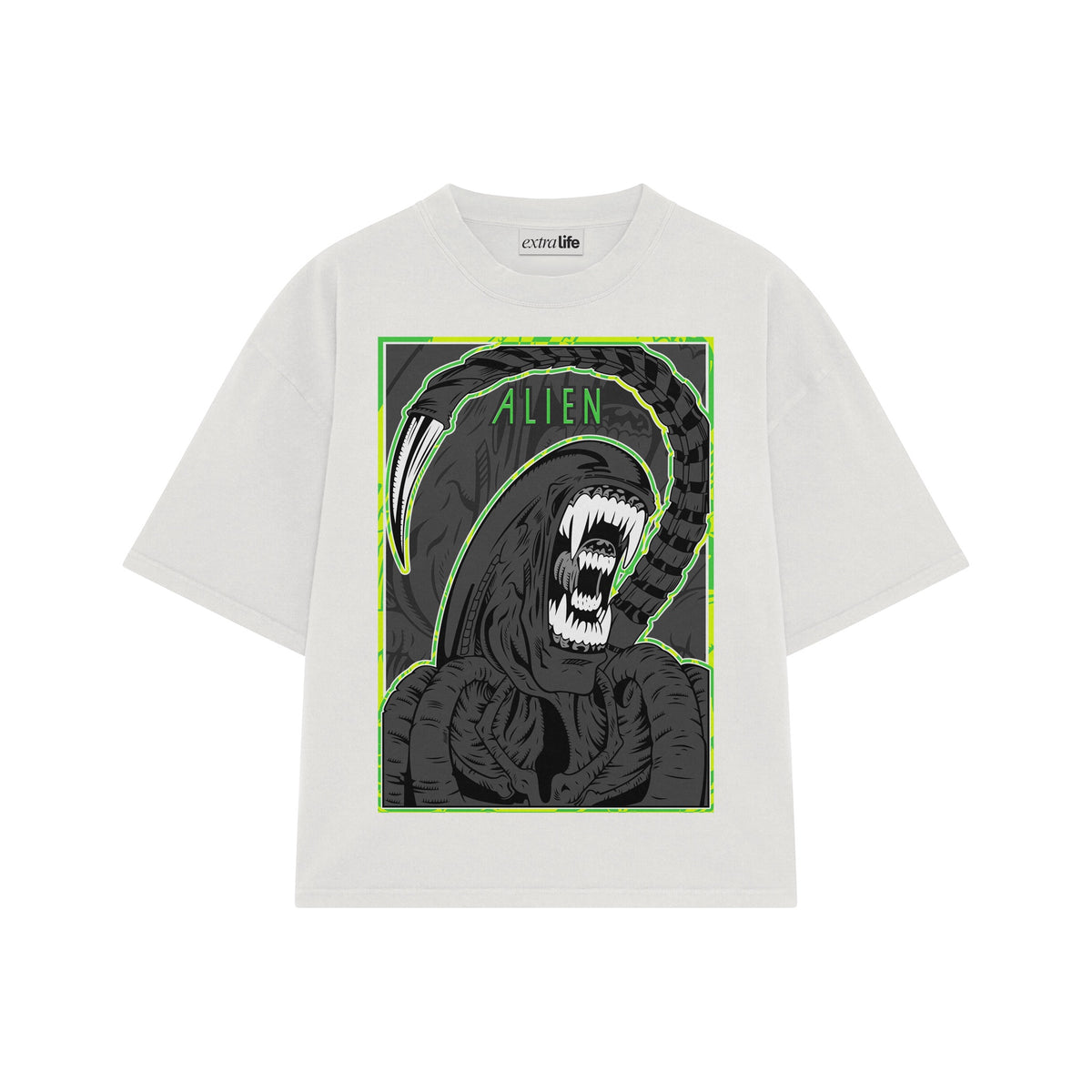 Playera streetwear premium de anime y gaming ExtraLife MX, corte oversized drop shoulder ligero y fresco en color Deep Black y Off-White, moda urbana mexicana de culto.