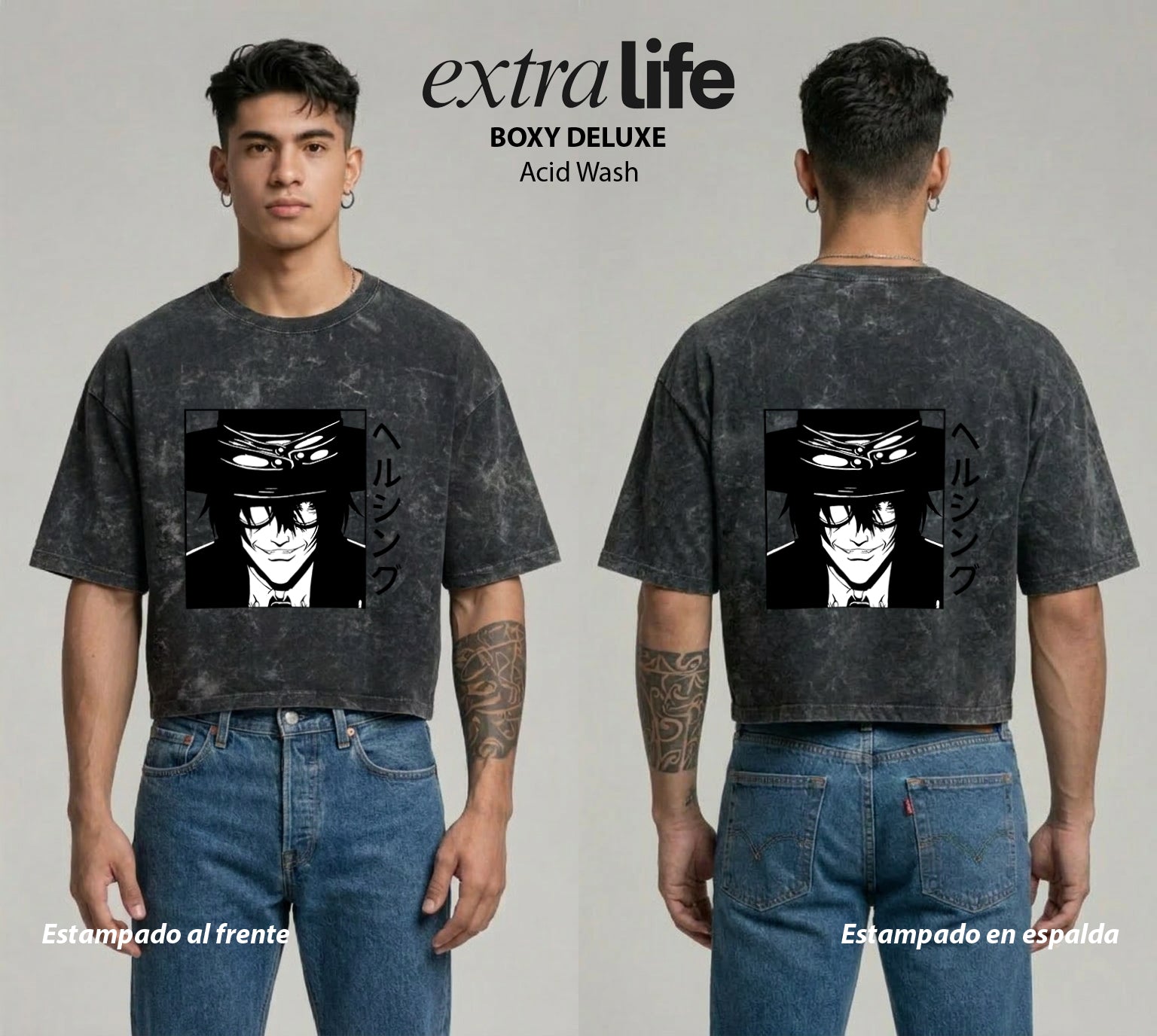 Playera streetwear premium de anime y gaming ExtraLife MX, corte boxy deluxe mineral wash heavyweight en color Acid Wash, moda urbana mexicana de culto.