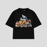Playera streetwear premium de anime y gaming ExtraLife MX, corte boxy oversized drop shoulder heavyweight en color Deep Black y Off-White, moda urbana mexicana de culto.