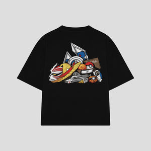 Playera streetwear premium de anime y gaming ExtraLife MX, corte boxy oversized drop shoulder heavyweight en color Deep Black y Off-White, moda urbana mexicana de culto.