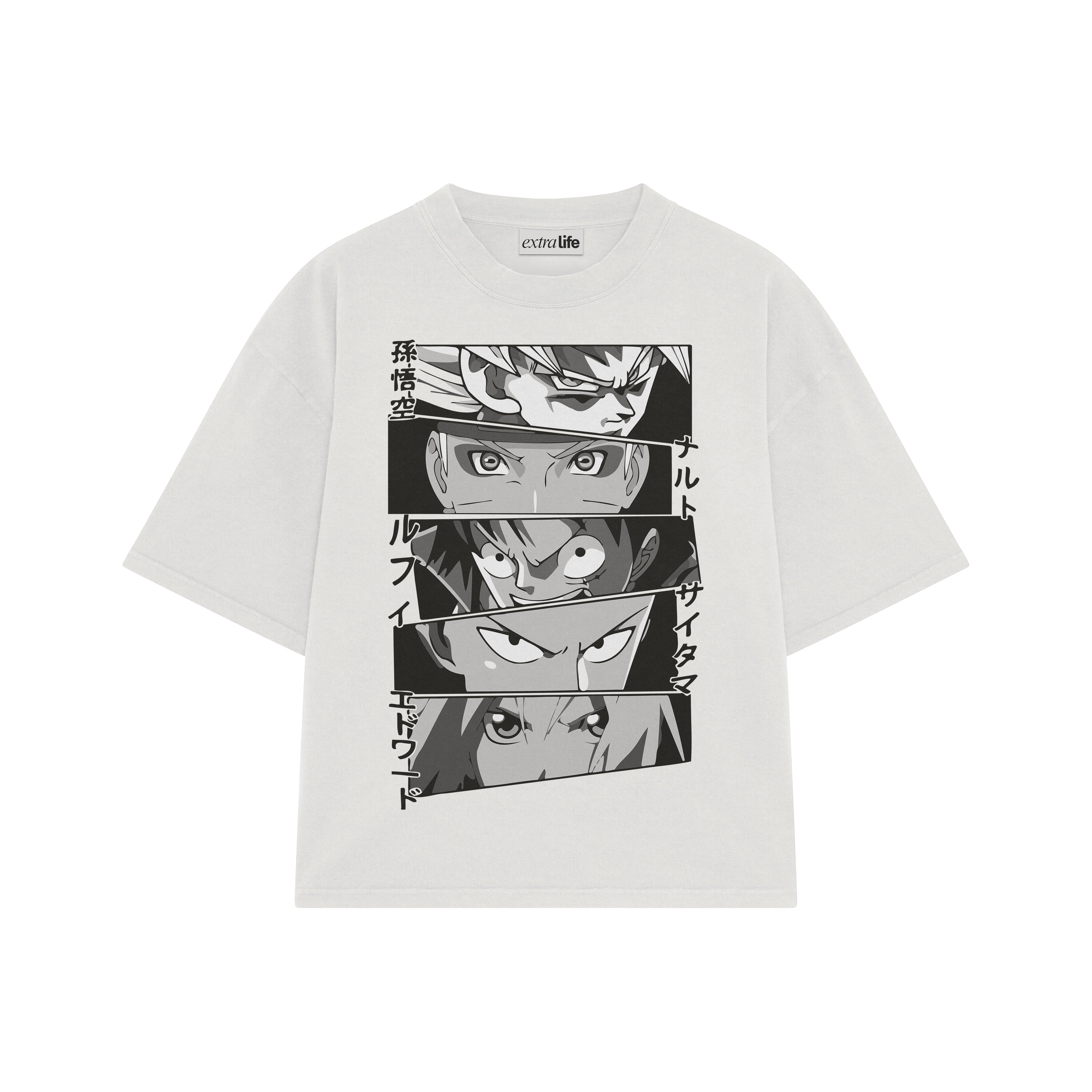 Playera streetwear premium de anime y gaming ExtraLife MX, corte boxy oversized drop shoulder heavyweight en color Deep Black y Off-White, moda urbana mexicana de culto.