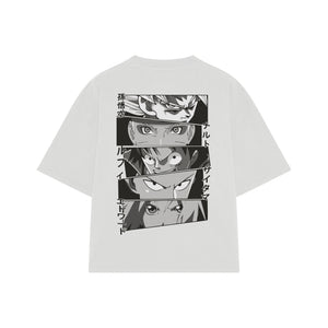 Playera streetwear premium de anime y gaming ExtraLife MX, corte boxy oversized drop shoulder heavyweight en color Deep Black y Off-White, moda urbana mexicana de culto.