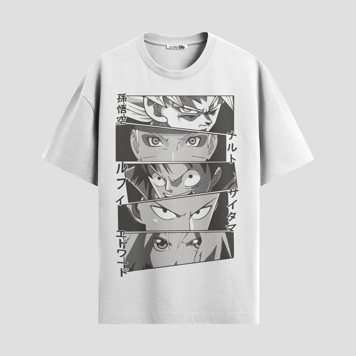 Playera urbana de anime y gaming ExtraLife MX, corte Classic Premium unisex ligero y transpirable en color Deep Black y Pure White, ropa de uso diario para gym y casual.