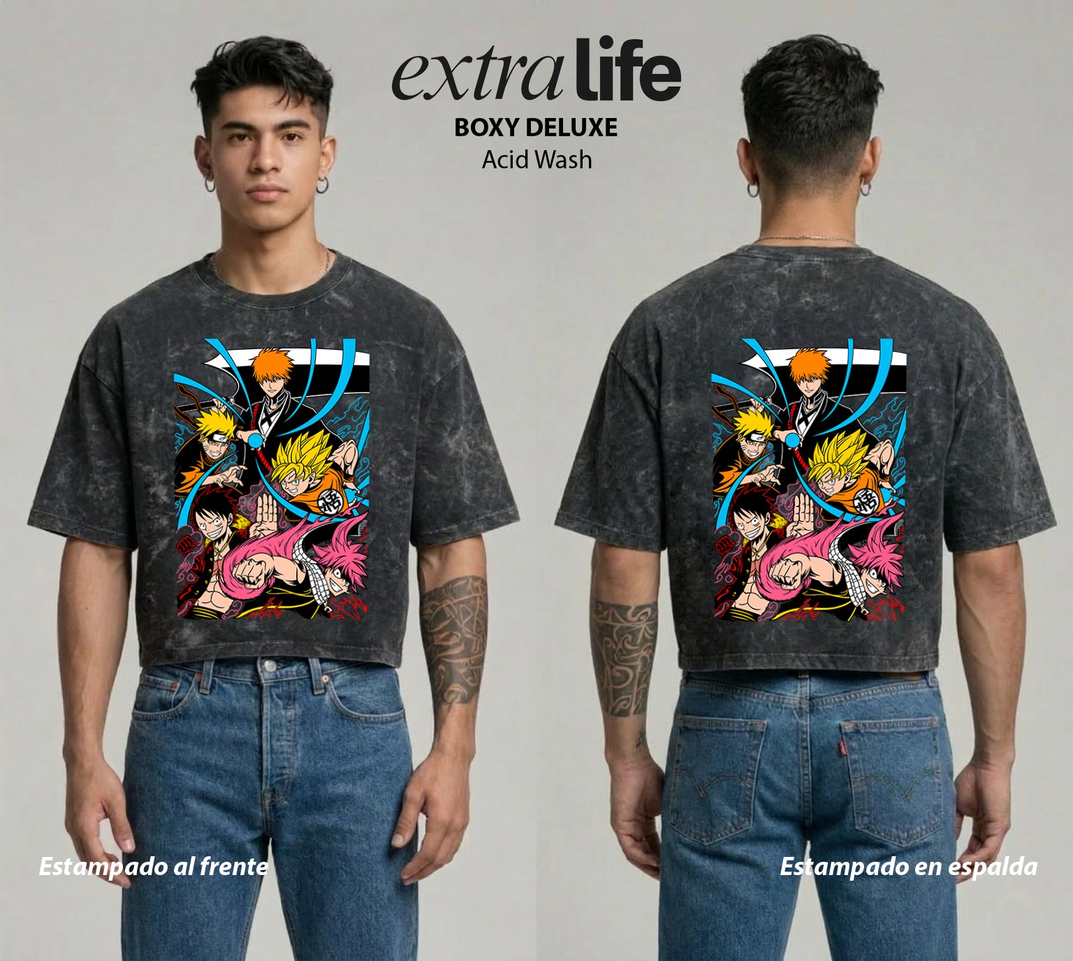 Playera streetwear premium de anime y gaming ExtraLife MX, corte boxy deluxe mineral wash heavyweight en color Acid Wash, moda urbana mexicana de culto.