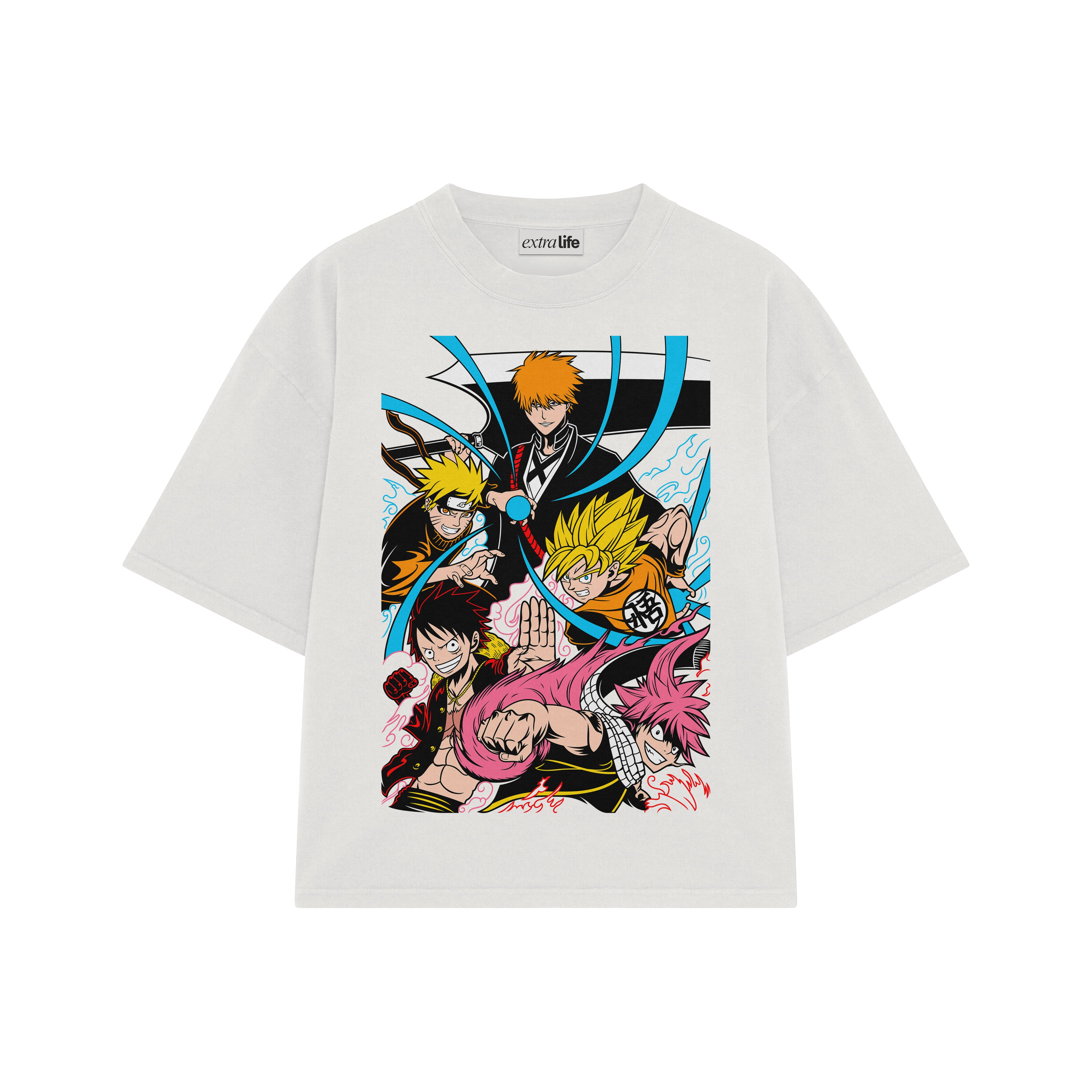 Playera streetwear premium de anime y gaming ExtraLife MX, corte boxy oversized drop shoulder heavyweight en color Deep Black y Off-White, moda urbana mexicana de culto.