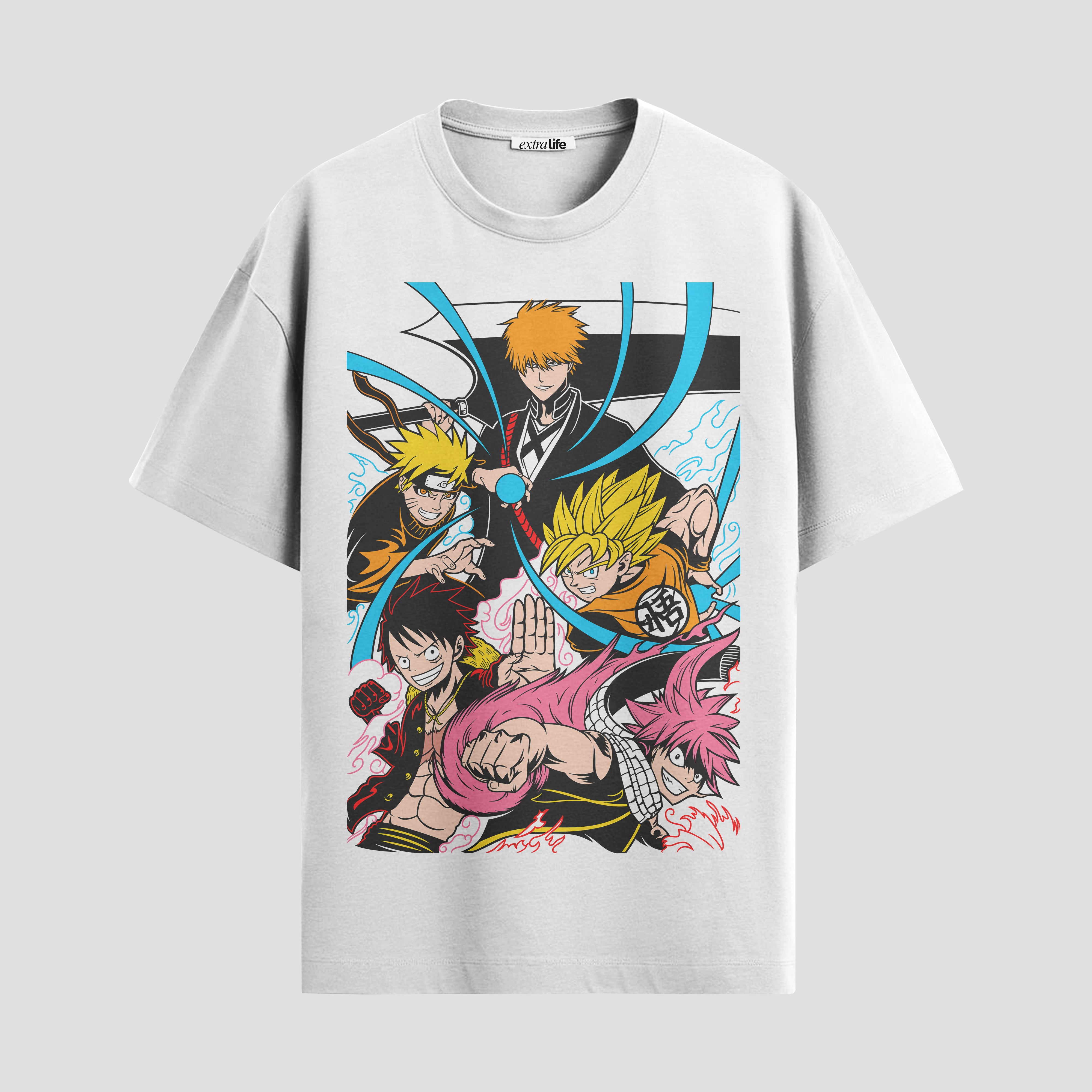 Playera urbana de anime y gaming ExtraLife MX, corte Standard Fit unisex ligero y transpirable en color Deep Black y Pure White, ropa de uso diario para gym y casual.