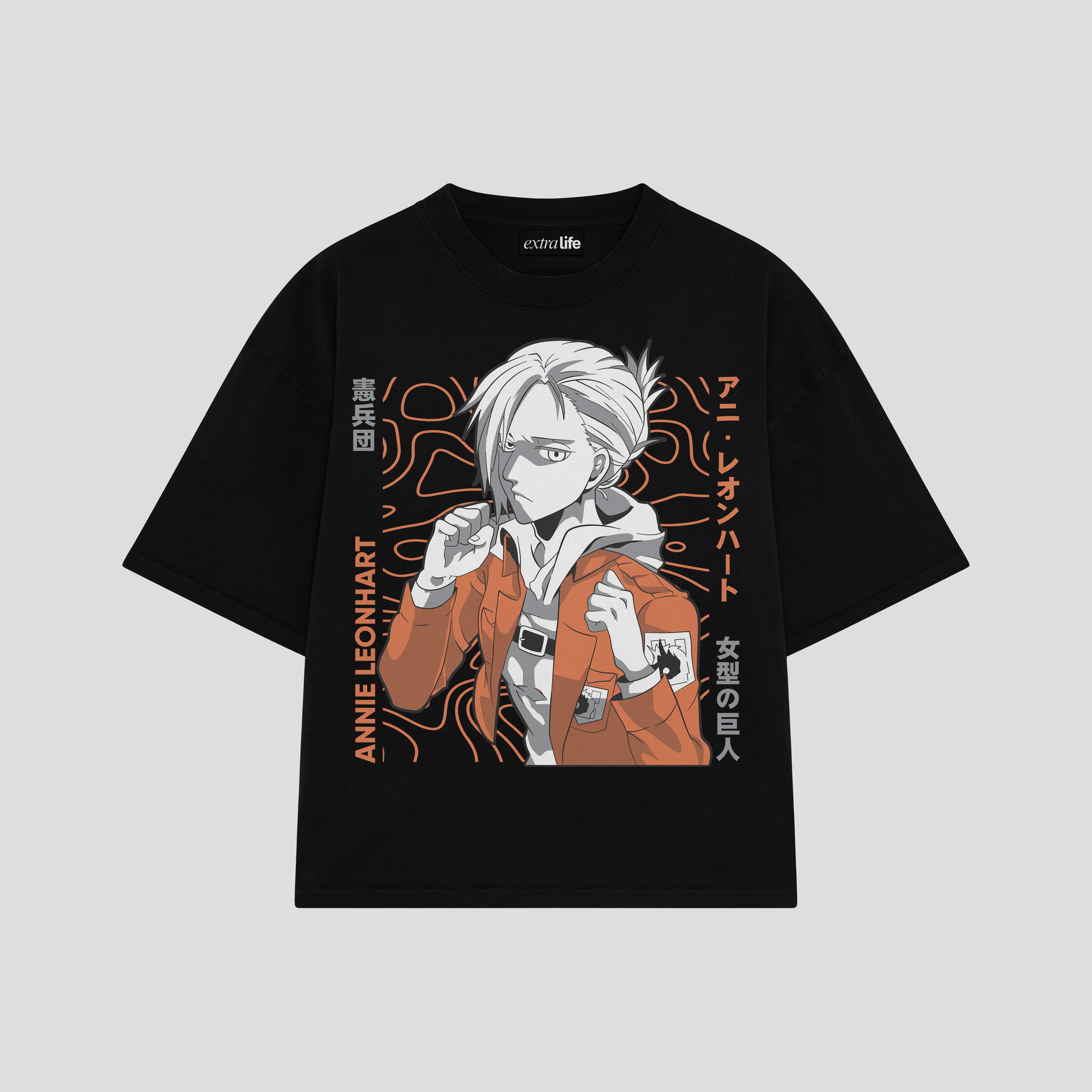 Playera streetwear premium de anime y gaming ExtraLife MX, corte boxy oversized drop shoulder heavyweight en color Deep Black y Off-White, moda urbana mexicana de culto.