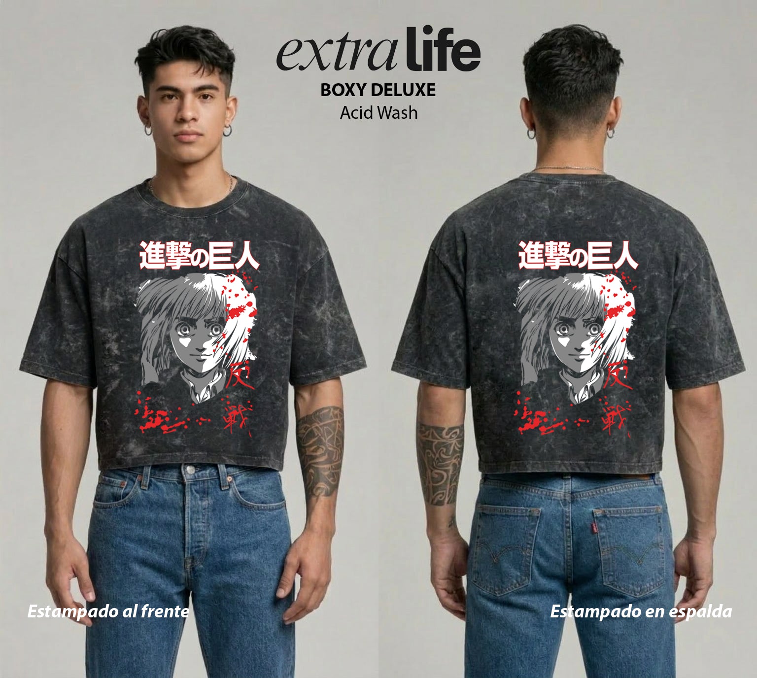 Playera streetwear premium de anime y gaming ExtraLife MX, corte boxy deluxe mineral wash heavyweight en color Acid Wash, moda urbana mexicana de culto.