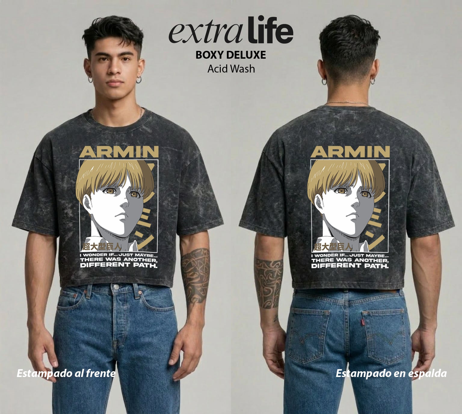 Playera streetwear premium de anime y gaming ExtraLife MX, corte boxy deluxe mineral wash heavyweight en color Acid Wash, moda urbana mexicana de culto.