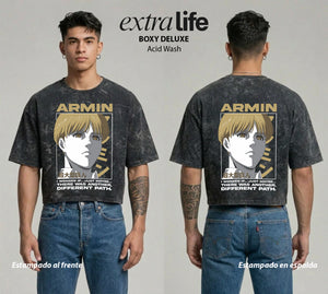Playera streetwear premium de anime y gaming ExtraLife MX, corte boxy deluxe mineral wash heavyweight en color Acid Wash, moda urbana mexicana de culto.