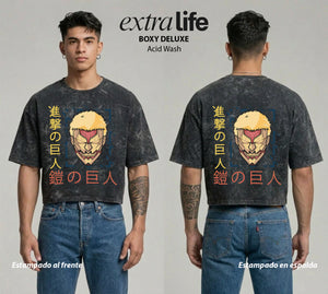 Playera streetwear premium de anime y gaming ExtraLife MX, corte boxy deluxe mineral wash heavyweight en color Acid Wash, moda urbana mexicana de culto.