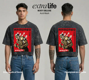 Playera streetwear premium de anime y gaming ExtraLife MX, corte boxy deluxe mineral wash heavyweight en color Acid Wash, moda urbana mexicana de culto.