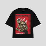 Playera streetwear premium de anime y gaming ExtraLife MX, corte boxy oversized drop shoulder heavyweight en color Deep Black y Off-White, moda urbana mexicana de culto.