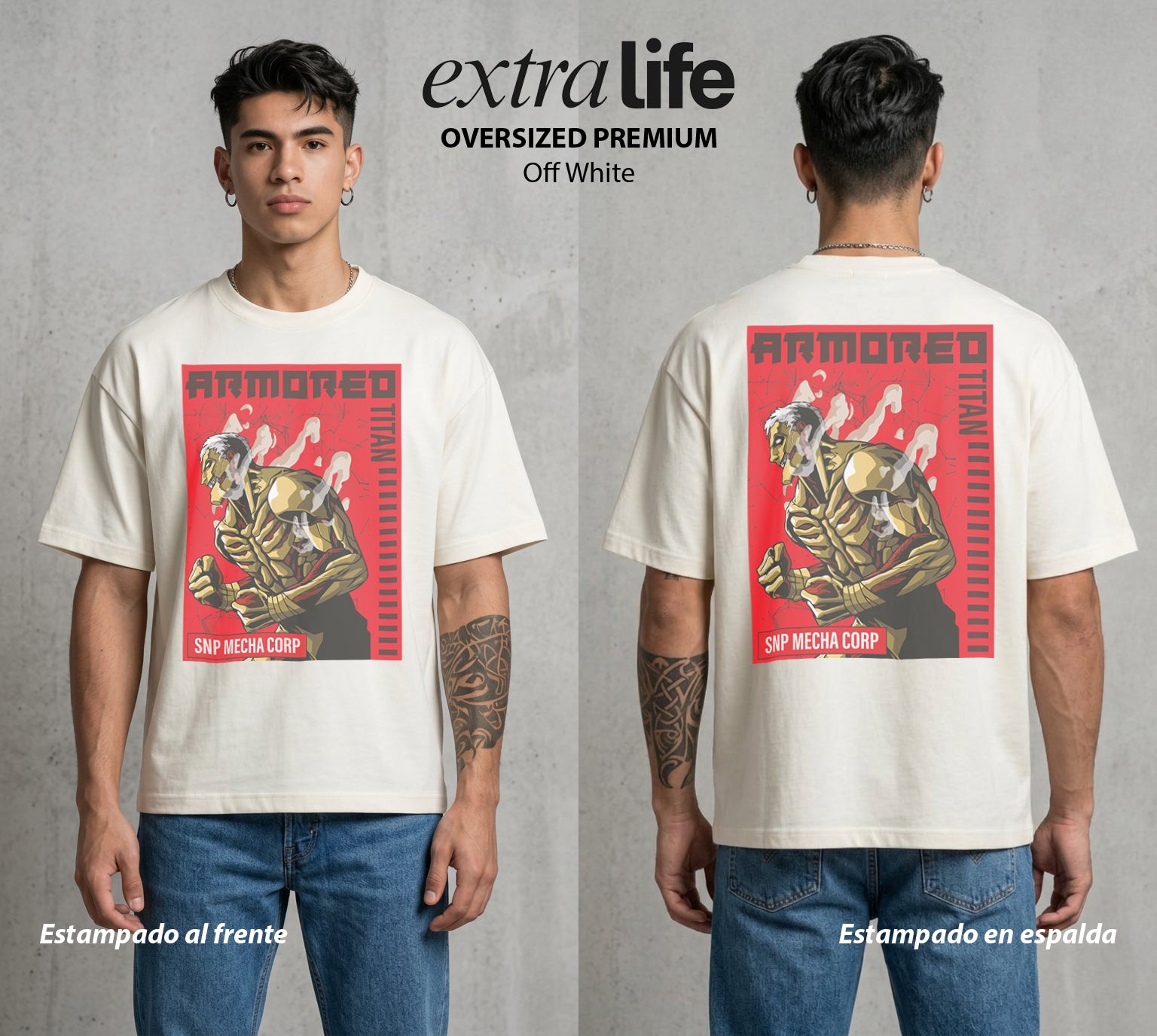 Mas Alla del Muro | El Coloso Blindado #00058 - Playera Oversized Premium | Off White - Foto en modelo