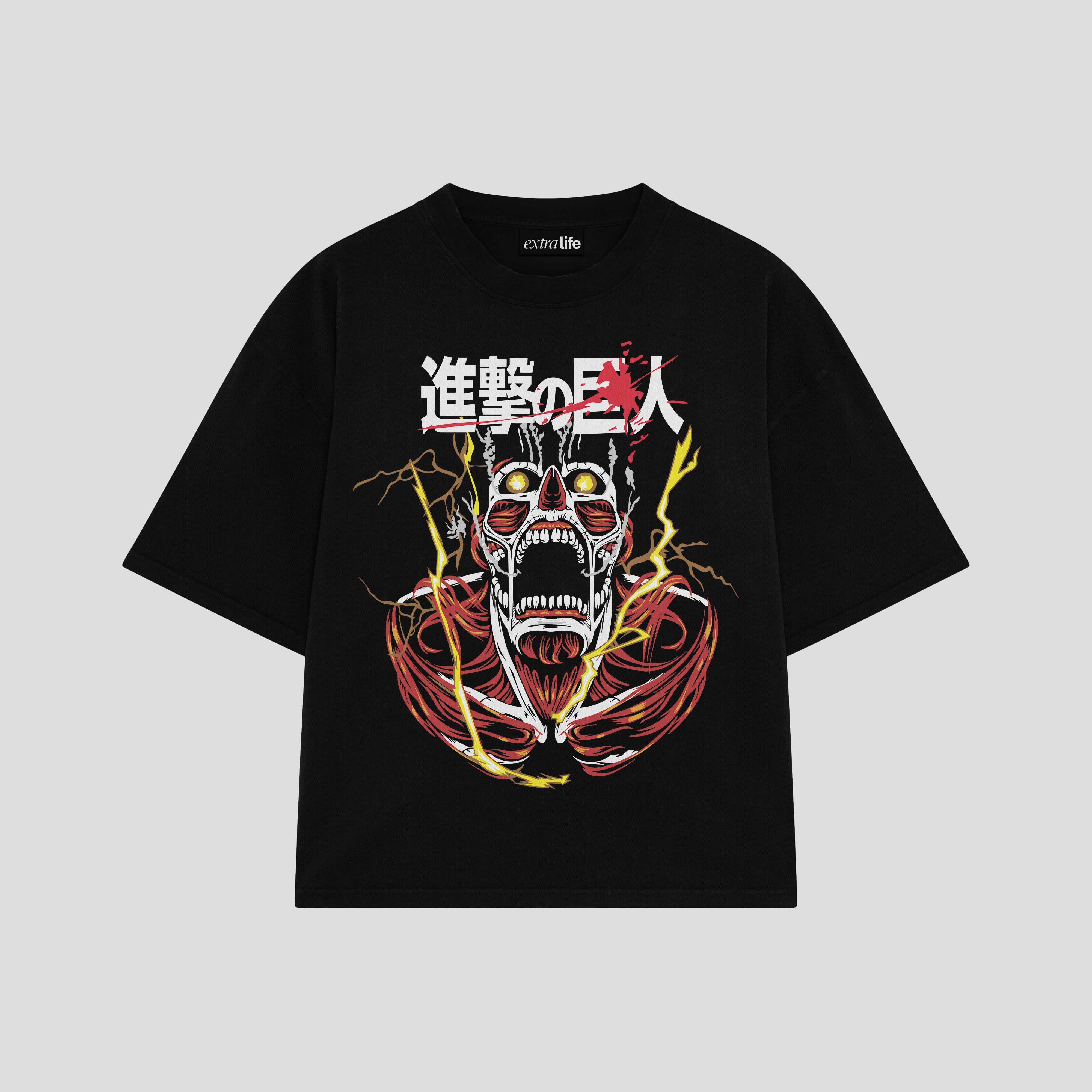 Playera streetwear premium de anime y gaming ExtraLife MX, corte boxy oversized drop shoulder heavyweight en color Deep Black y Off-White, moda urbana mexicana de culto.