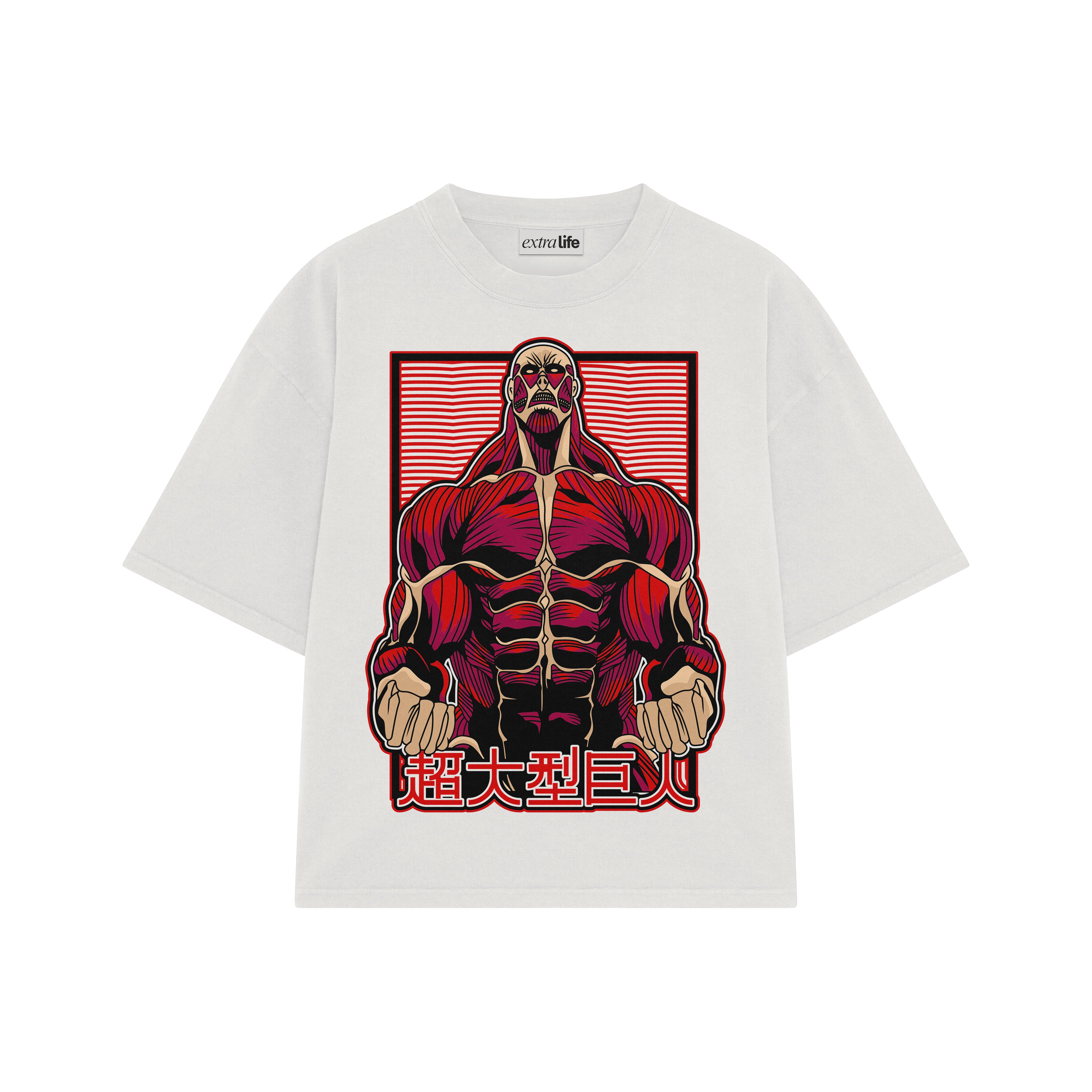 Playera streetwear premium de anime y gaming ExtraLife MX, corte boxy oversized drop shoulder heavyweight en color Deep Black y Off-White, moda urbana mexicana de culto.