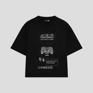 Playera streetwear premium de anime y gaming ExtraLife MX, corte boxy oversized drop shoulder heavyweight en color Deep Black y Off-White, moda urbana mexicana de culto.
