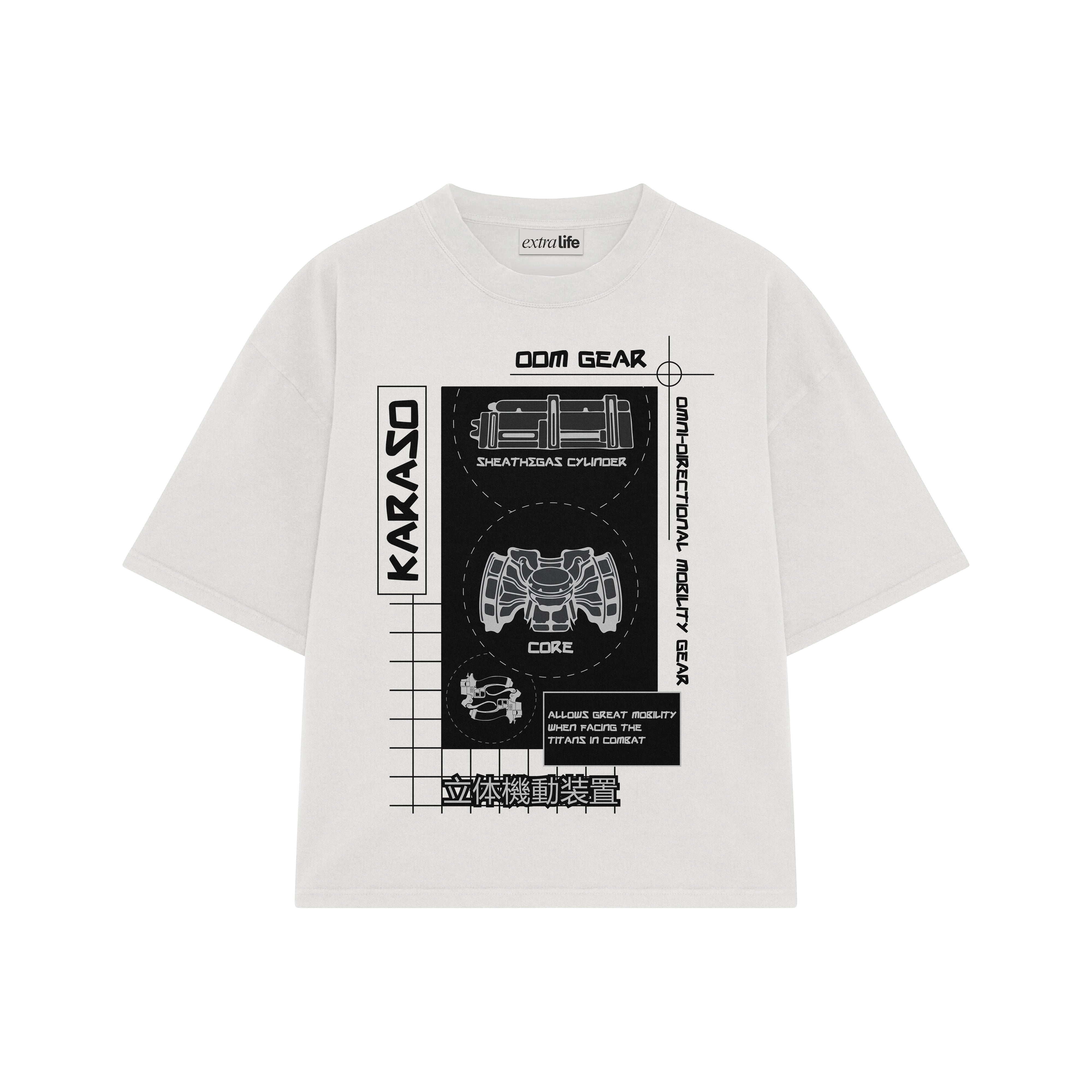 Playera streetwear premium de anime y gaming ExtraLife MX, corte boxy oversized drop shoulder heavyweight en color Deep Black y Off-White, moda urbana mexicana de culto.