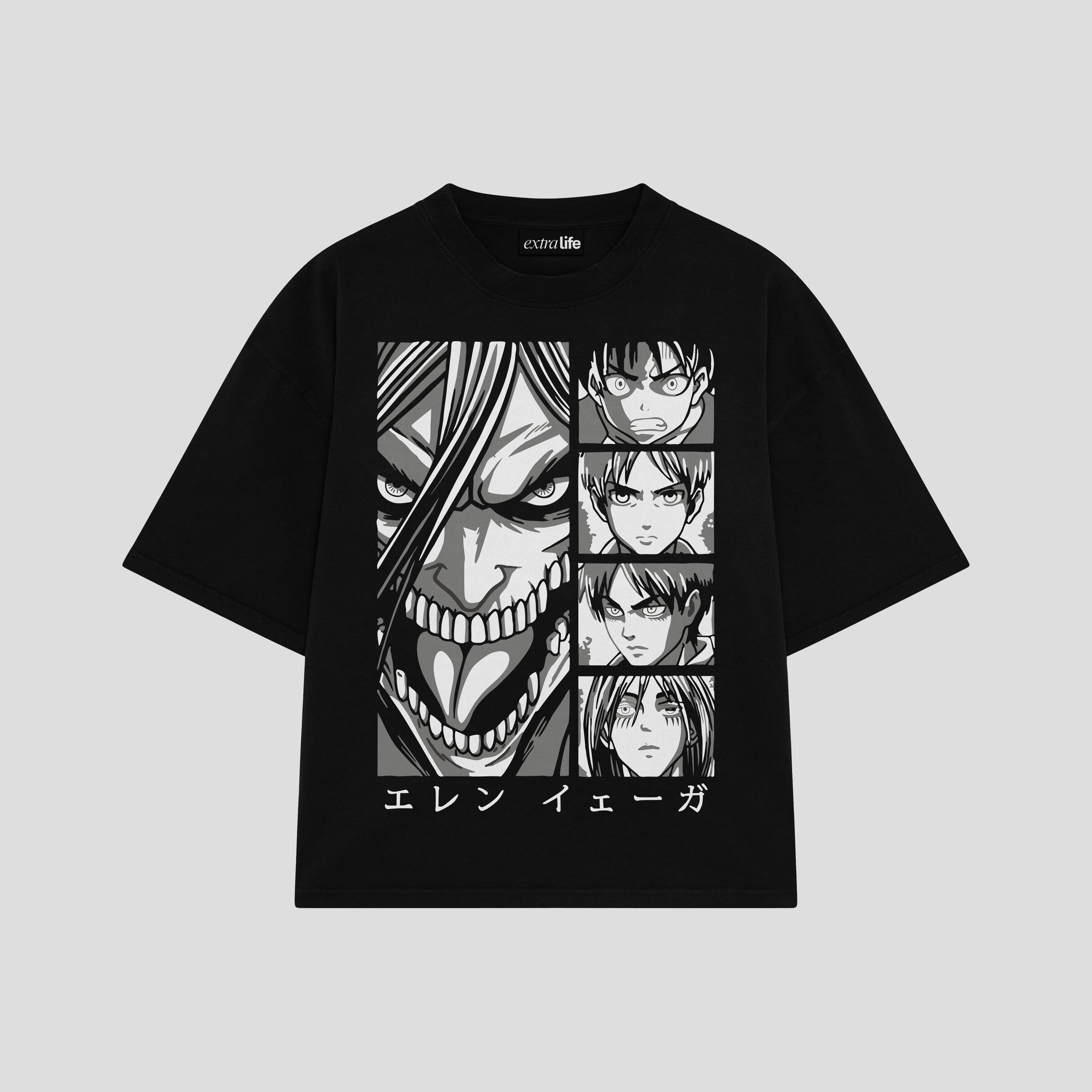 Playera streetwear premium de anime y gaming ExtraLife MX, corte boxy oversized drop shoulder heavyweight en color Deep Black y Off-White, moda urbana mexicana de culto.
