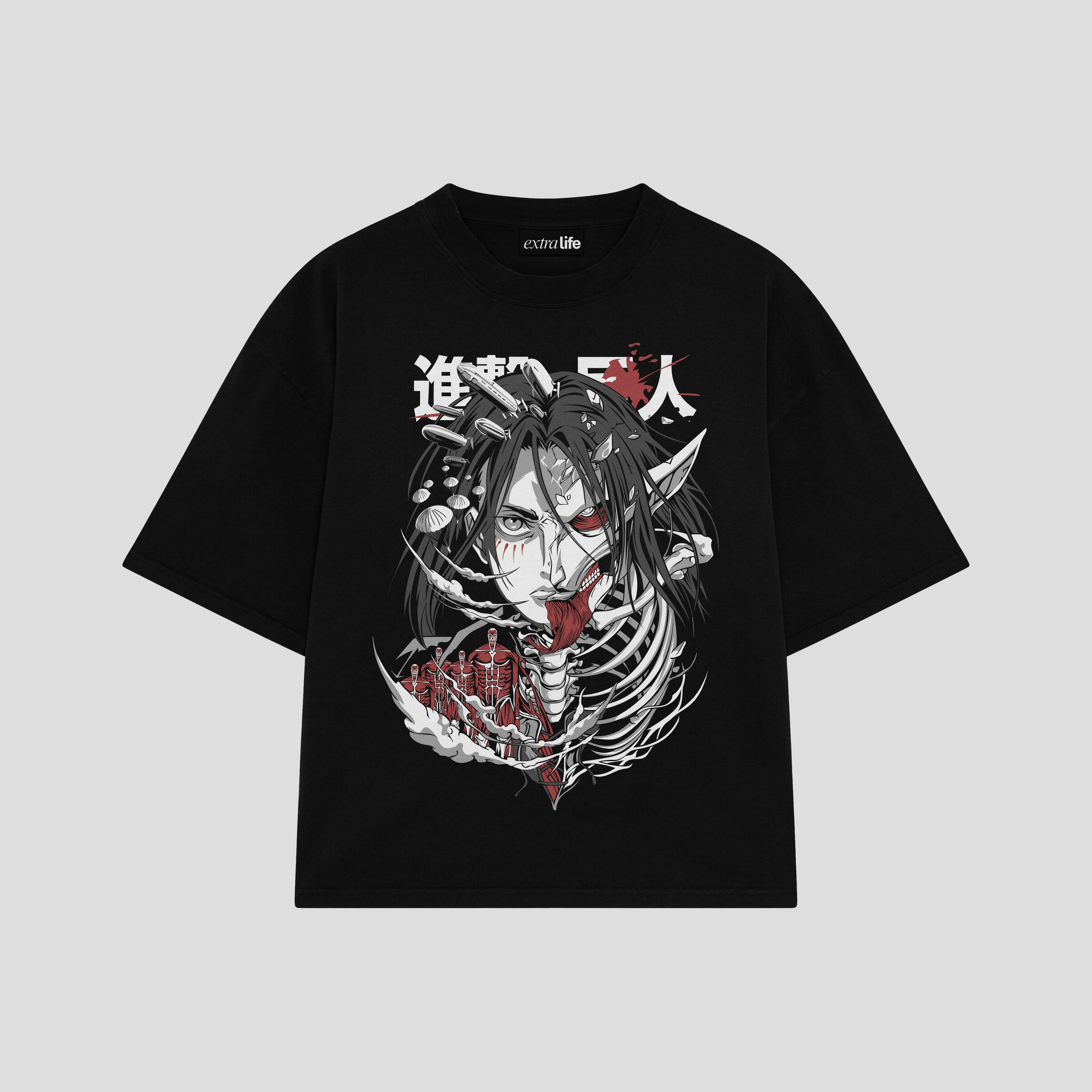 Playera streetwear premium de anime y gaming ExtraLife MX, corte boxy oversized drop shoulder heavyweight en color Deep Black y Off-White, moda urbana mexicana de culto.