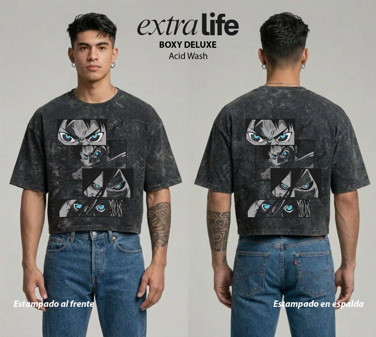 Playera streetwear premium de anime y gaming ExtraLife MX, corte boxy deluxe mineral wash heavyweight en color Acid Wash, moda urbana mexicana de culto.