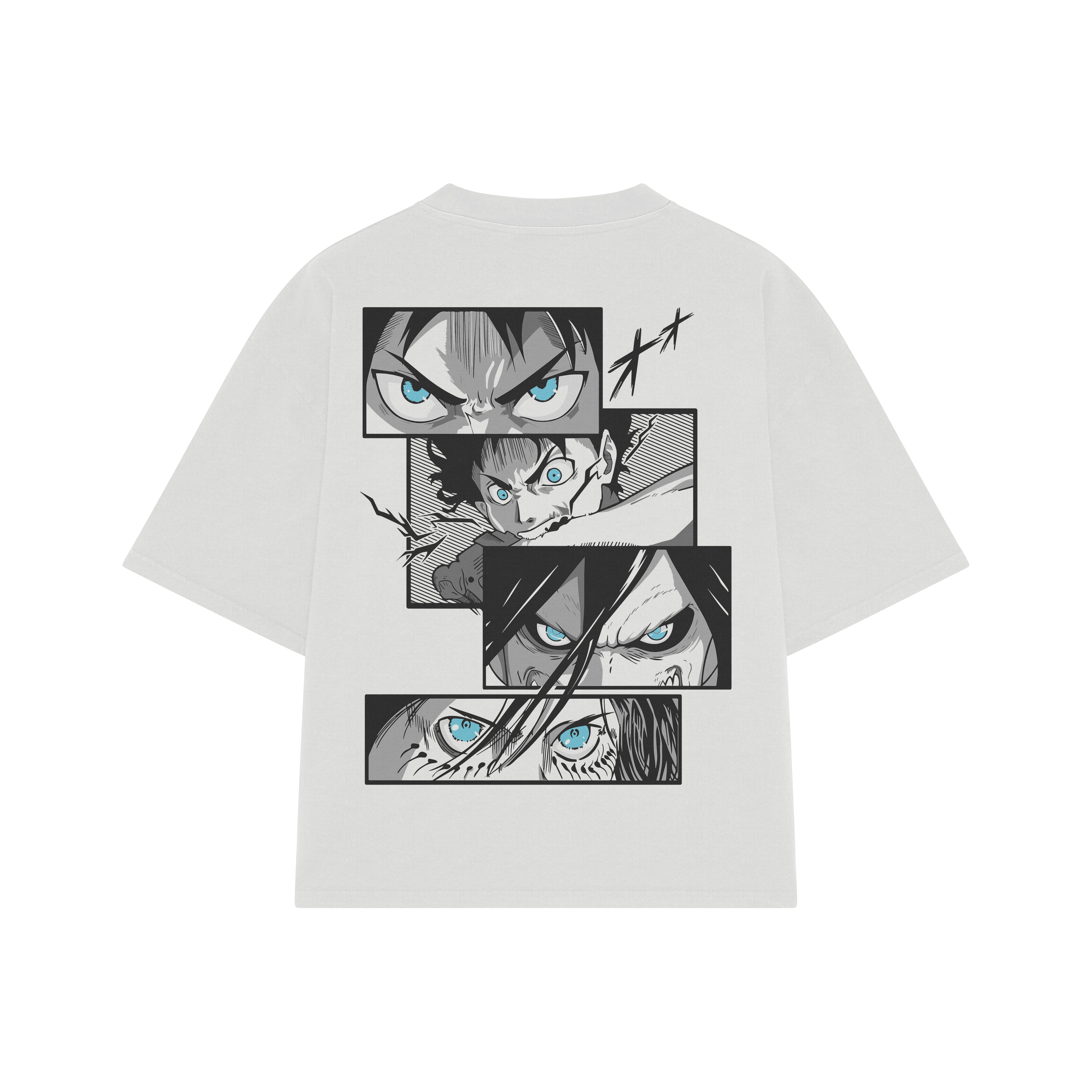 Playera streetwear premium de anime y gaming ExtraLife MX, corte boxy oversized drop shoulder heavyweight en color Deep Black y Off-White, moda urbana mexicana de culto.