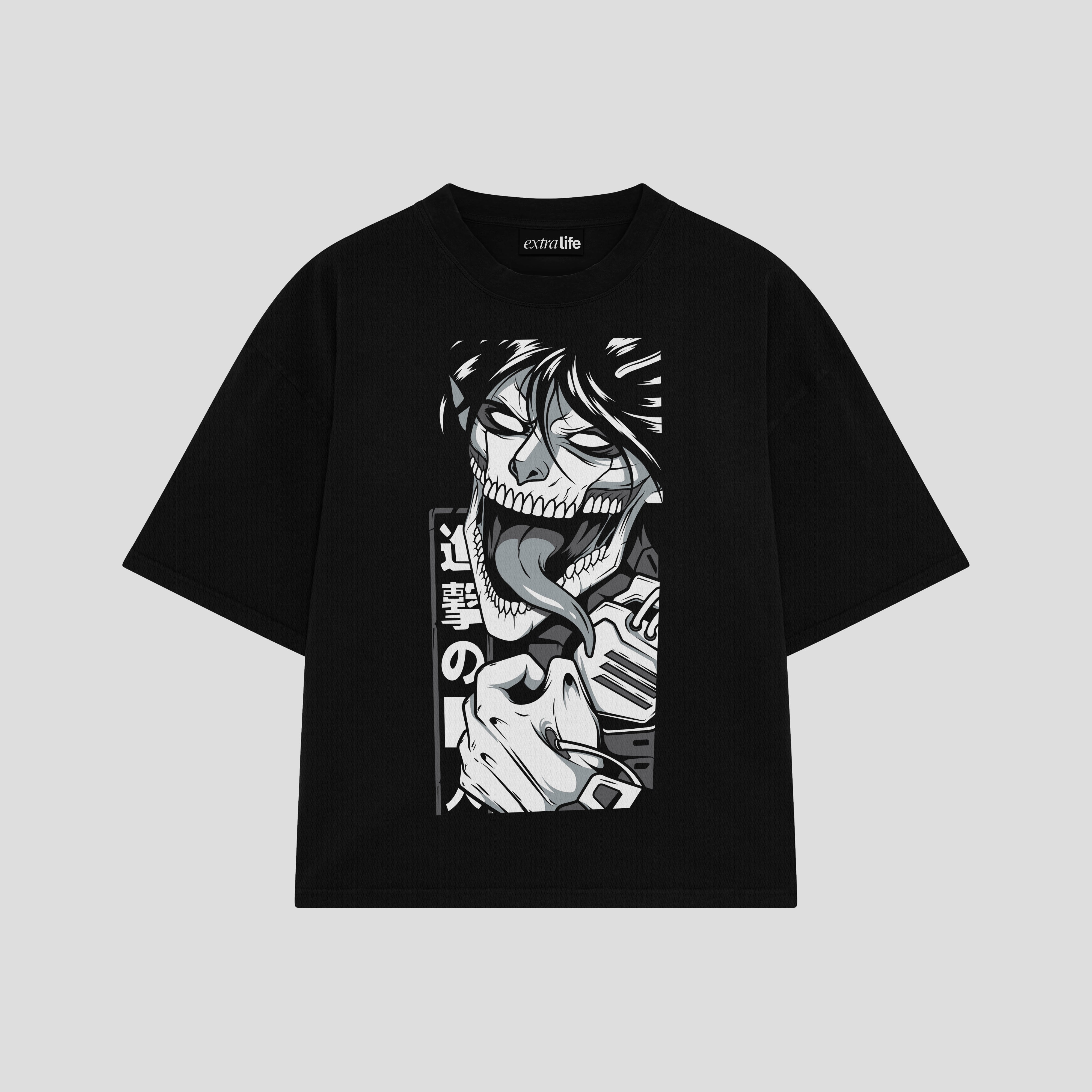 Playera streetwear premium de anime y gaming ExtraLife MX, corte boxy oversized drop shoulder heavyweight en color Deep Black y Off-White, moda urbana mexicana de culto.