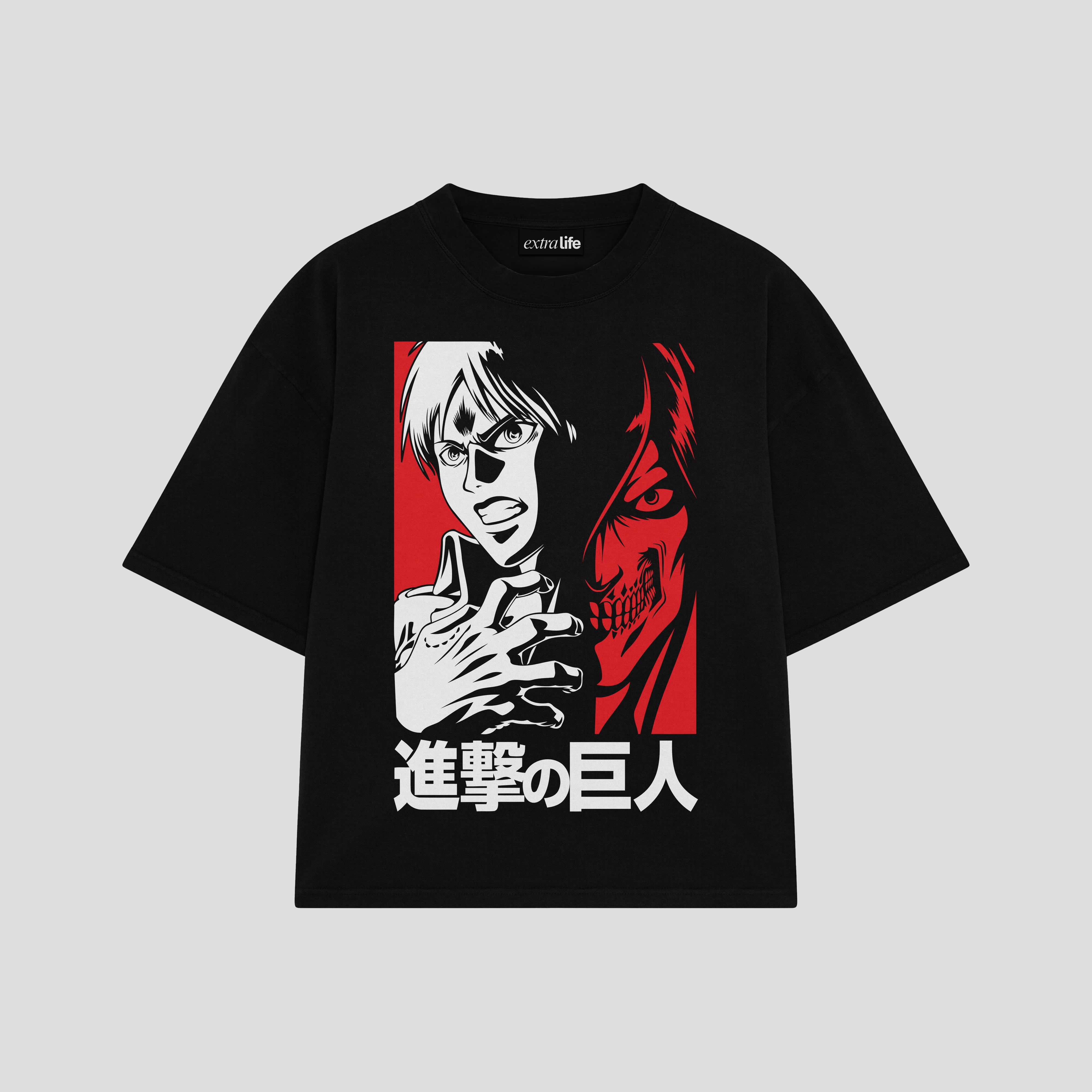 Playera streetwear premium de anime y gaming ExtraLife MX, corte boxy oversized drop shoulder heavyweight en color Deep Black y Off-White, moda urbana mexicana de culto.