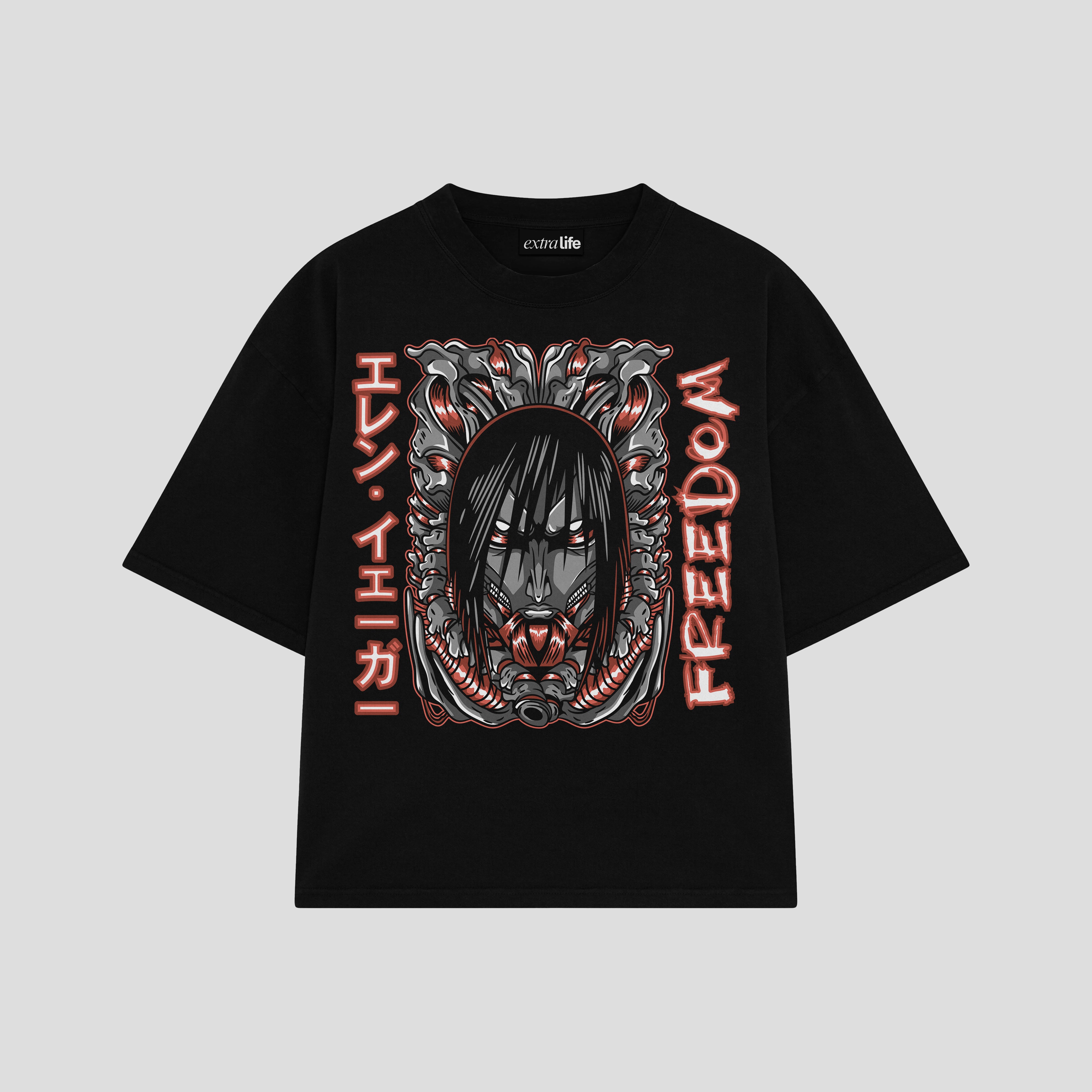 Playera streetwear premium de anime y gaming ExtraLife MX, corte boxy oversized drop shoulder heavyweight en color Deep Black y Off-White, moda urbana mexicana de culto.