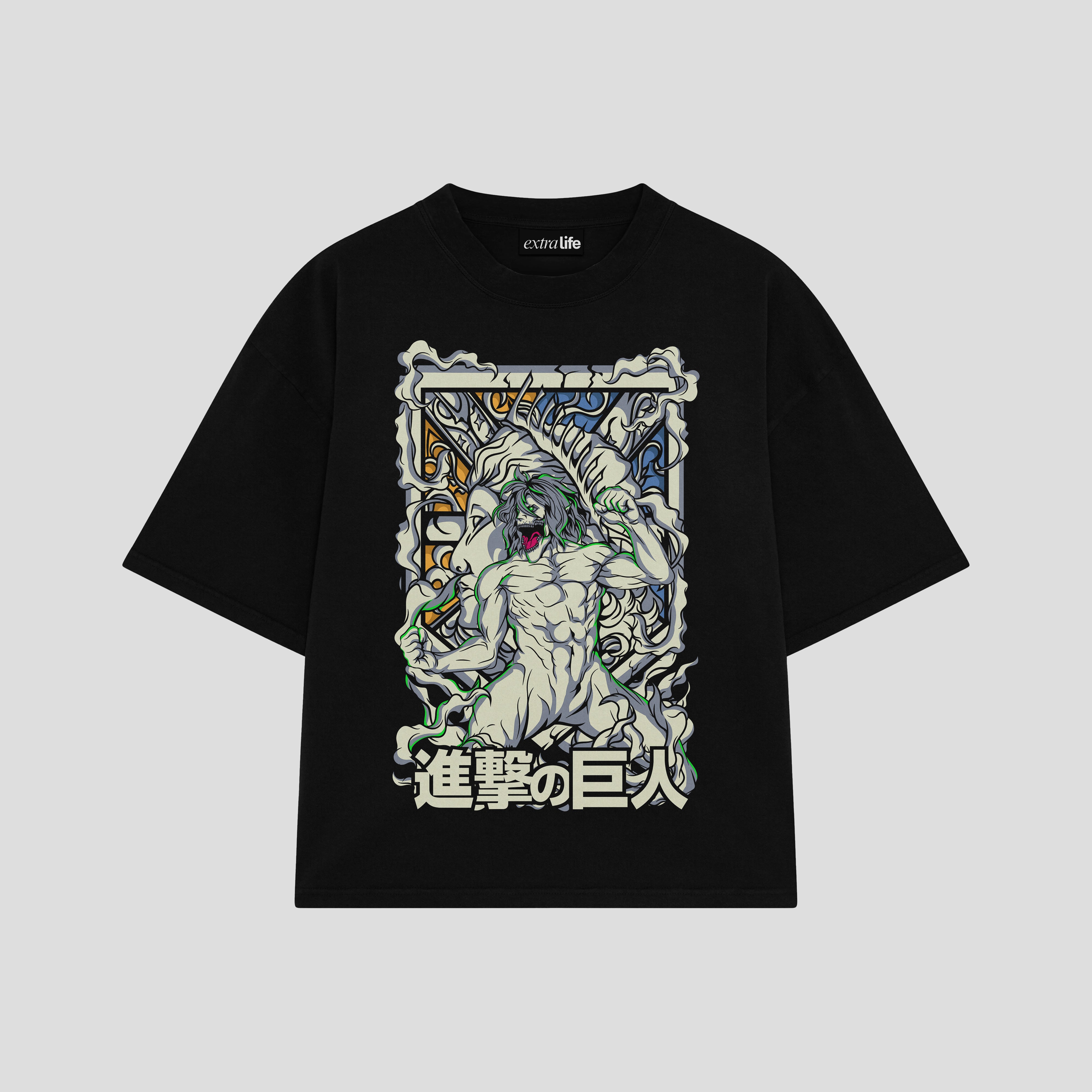 Playera streetwear premium de anime y gaming ExtraLife MX, corte boxy oversized drop shoulder heavyweight en color Deep Black y Off-White, moda urbana mexicana de culto.