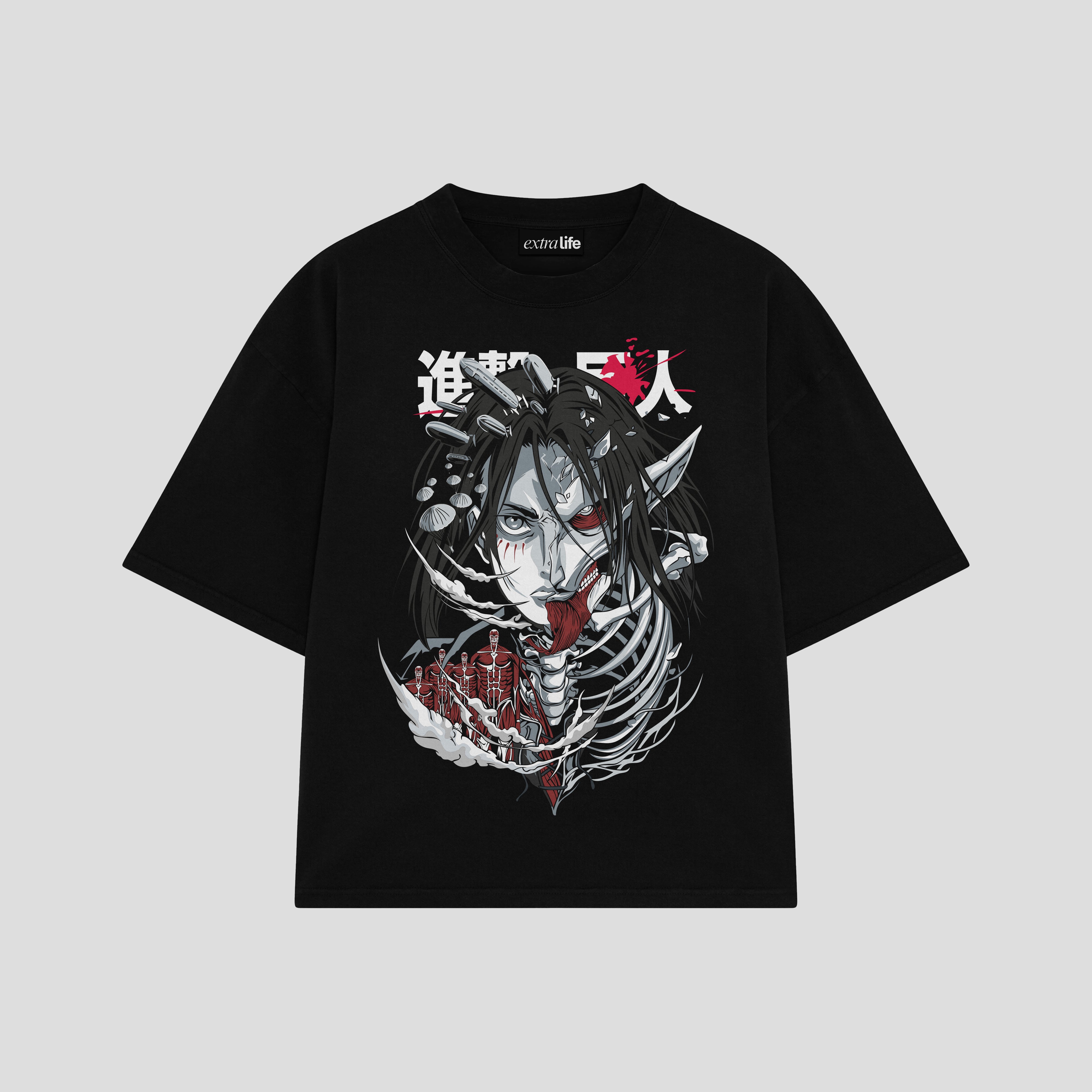 Playera streetwear premium de anime y gaming ExtraLife MX, corte boxy oversized drop shoulder heavyweight en color Deep Black y Off-White, moda urbana mexicana de culto.
